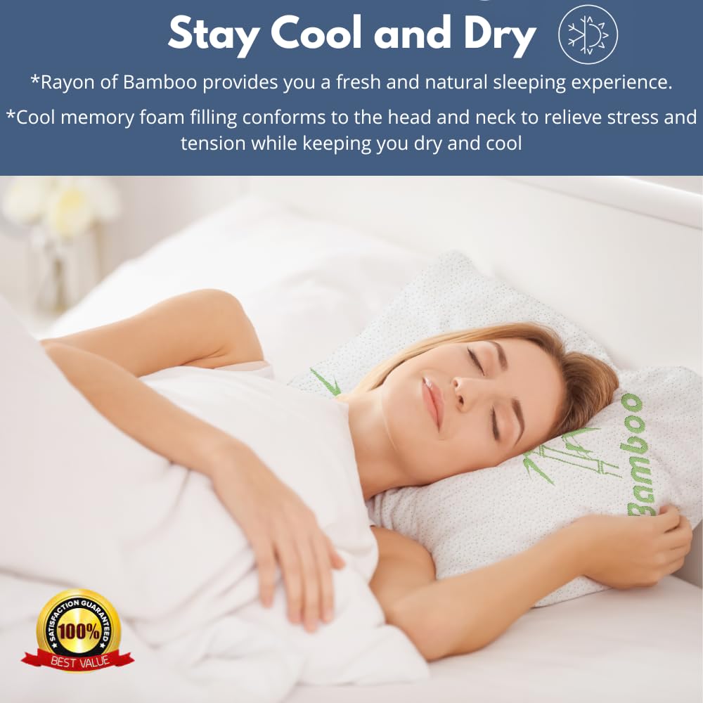 Memory Foam Bamboo Pillows King Size Set Of 2 [Adjustable] For Sleeping - Cool & Breathable Cover With Zipper Rayon Derived From