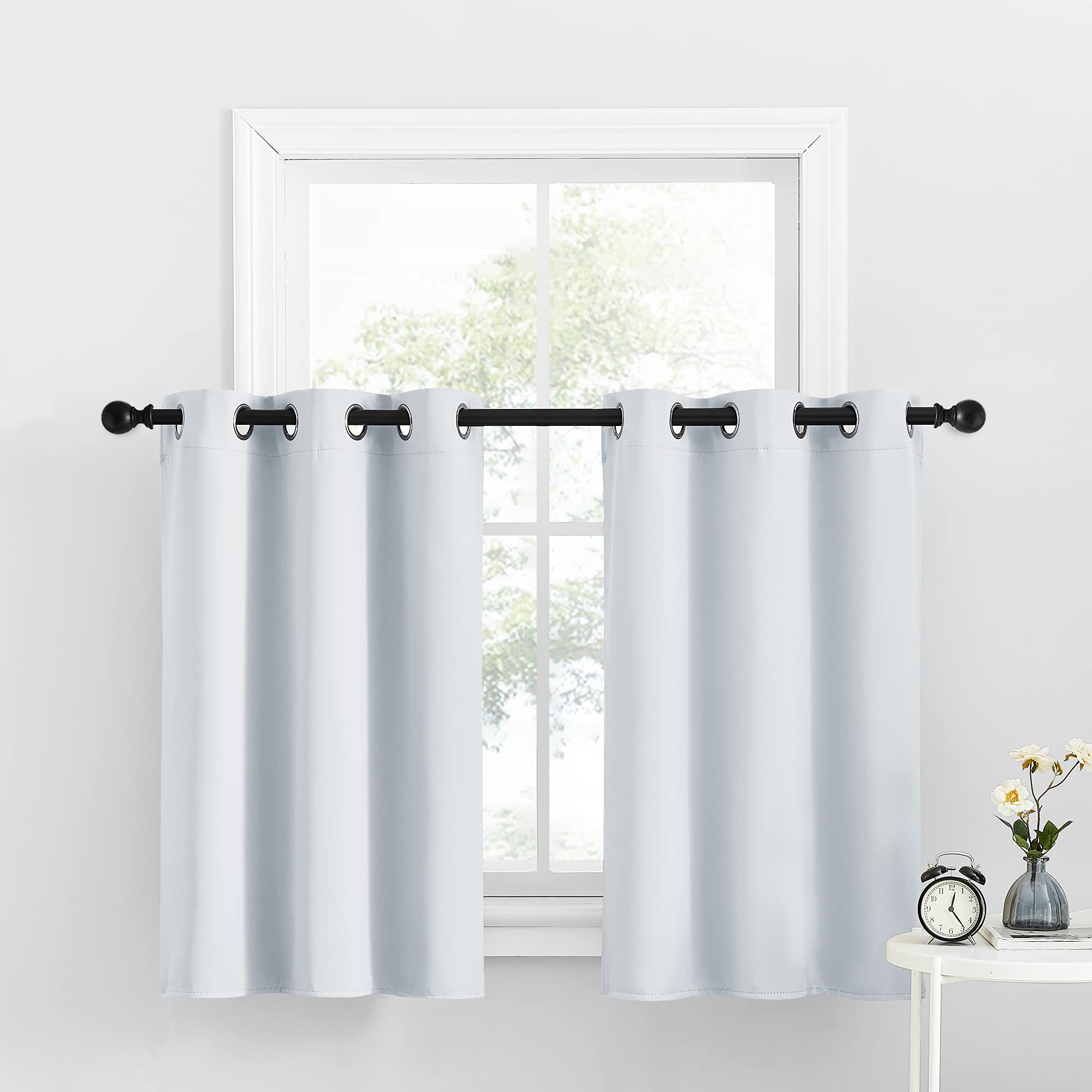 Nicetown Room Darkening Window Tiers, Kitchen/Bathroom/Kids Bedroom Decor Blackout Valances Thermal Insulated Window Treatment Short Curtain, White, 2 Panels, 34W By 36L With 1.2 Inches Header
