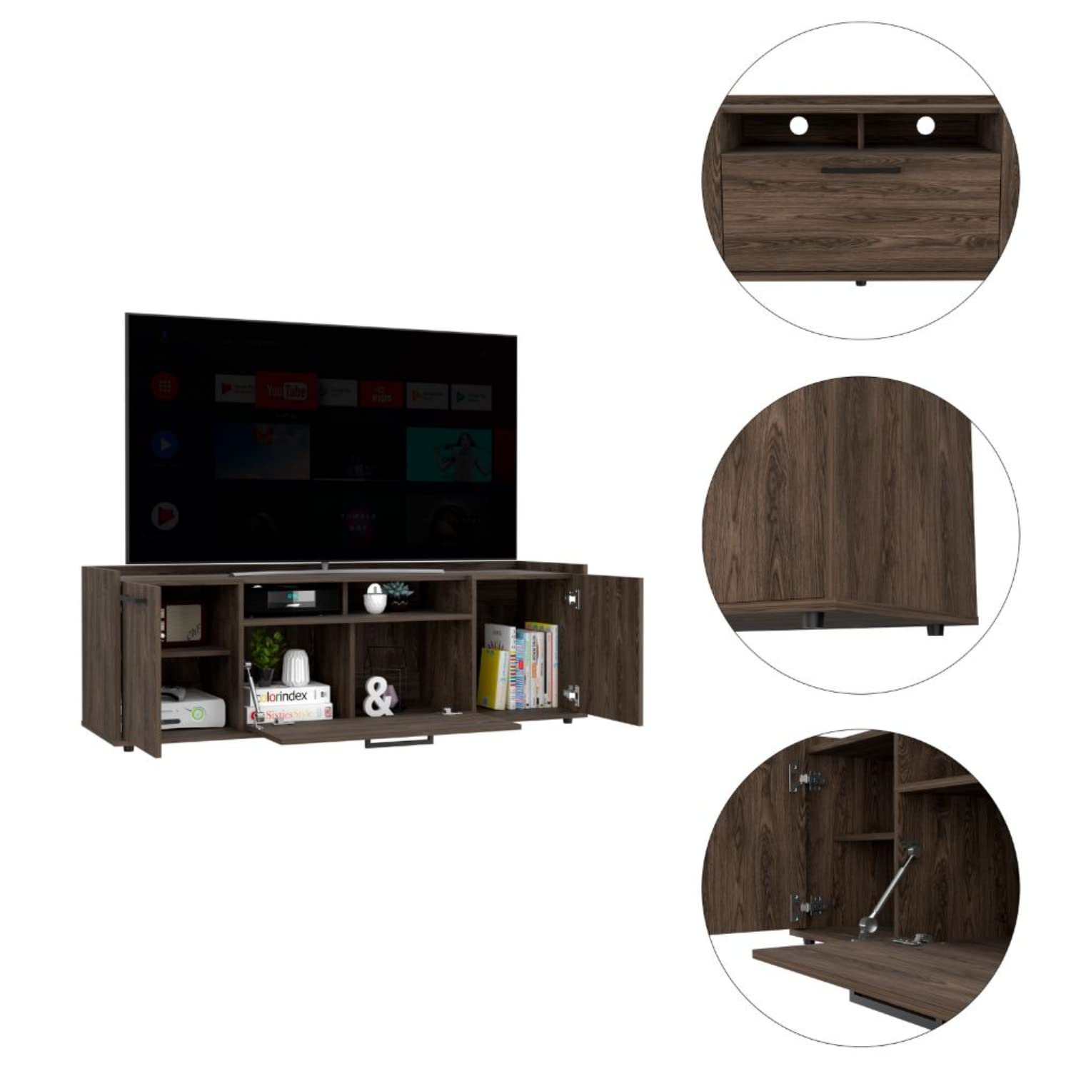 Hollywood Tv Stand for Tv´S Up 60&quot;, Double Door Cabinets, 1 Flexible Cabinet, Dark Walnut