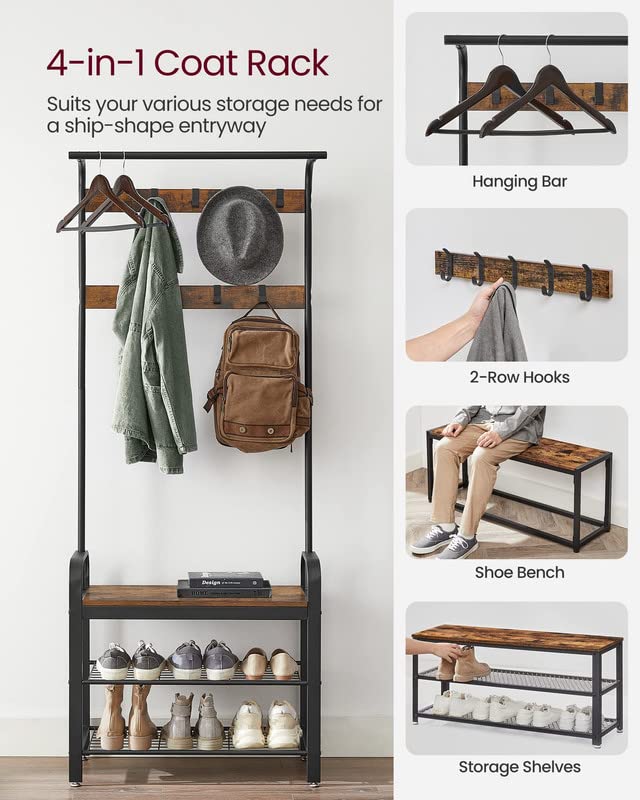 Vasagle Coat Rack, Hall Tree With Shoe Bench For Entryway, Entryway Bench With Coat Rack, 4-In-1, With 9 Removable Hooks, A Hanging Rod, 13.3 X 28.3 X 72.1 Inches, Rustic Brown And Black Uhsr40B