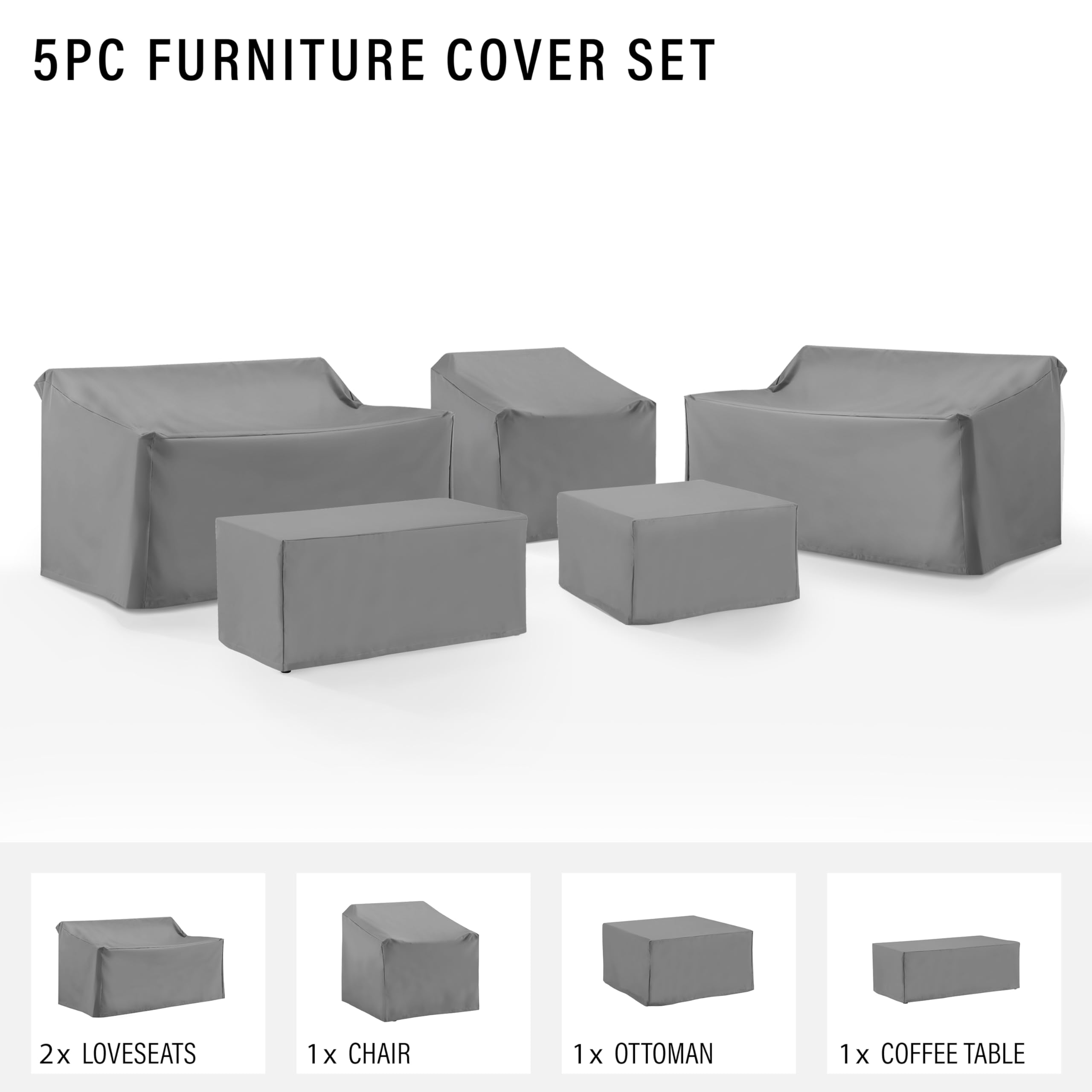 Crosley Furniture Patio Furniture Covers, Waterproof 5-Piece Cover Set for Outdoor Chair, Loveseats, Tables, Gray