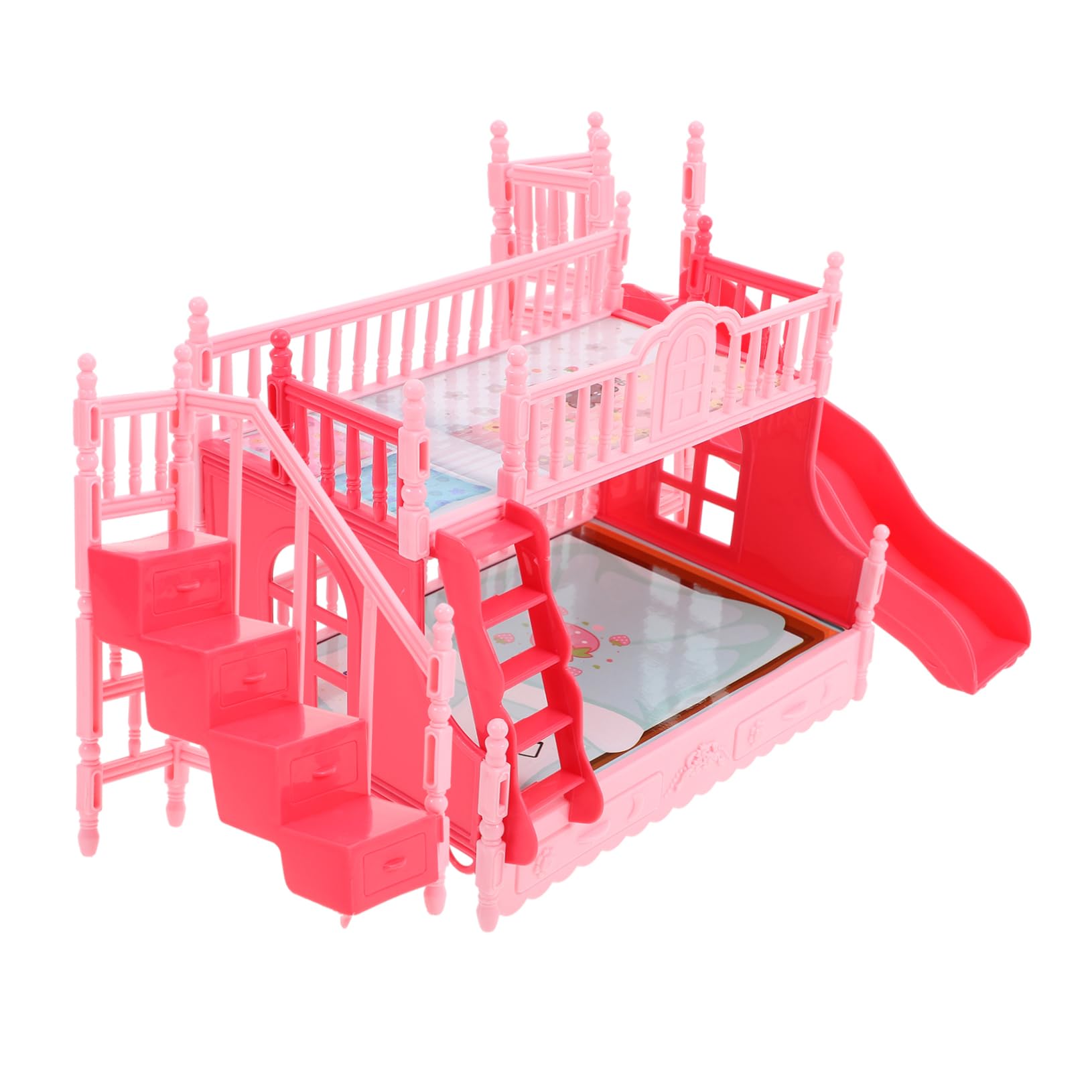 TOYANDONA Doll Bunk Bed - Pink Dollhouse Bed with Ladder Stair and Slide for Baby Doll Miniature Dollhouse Furniture Accessories