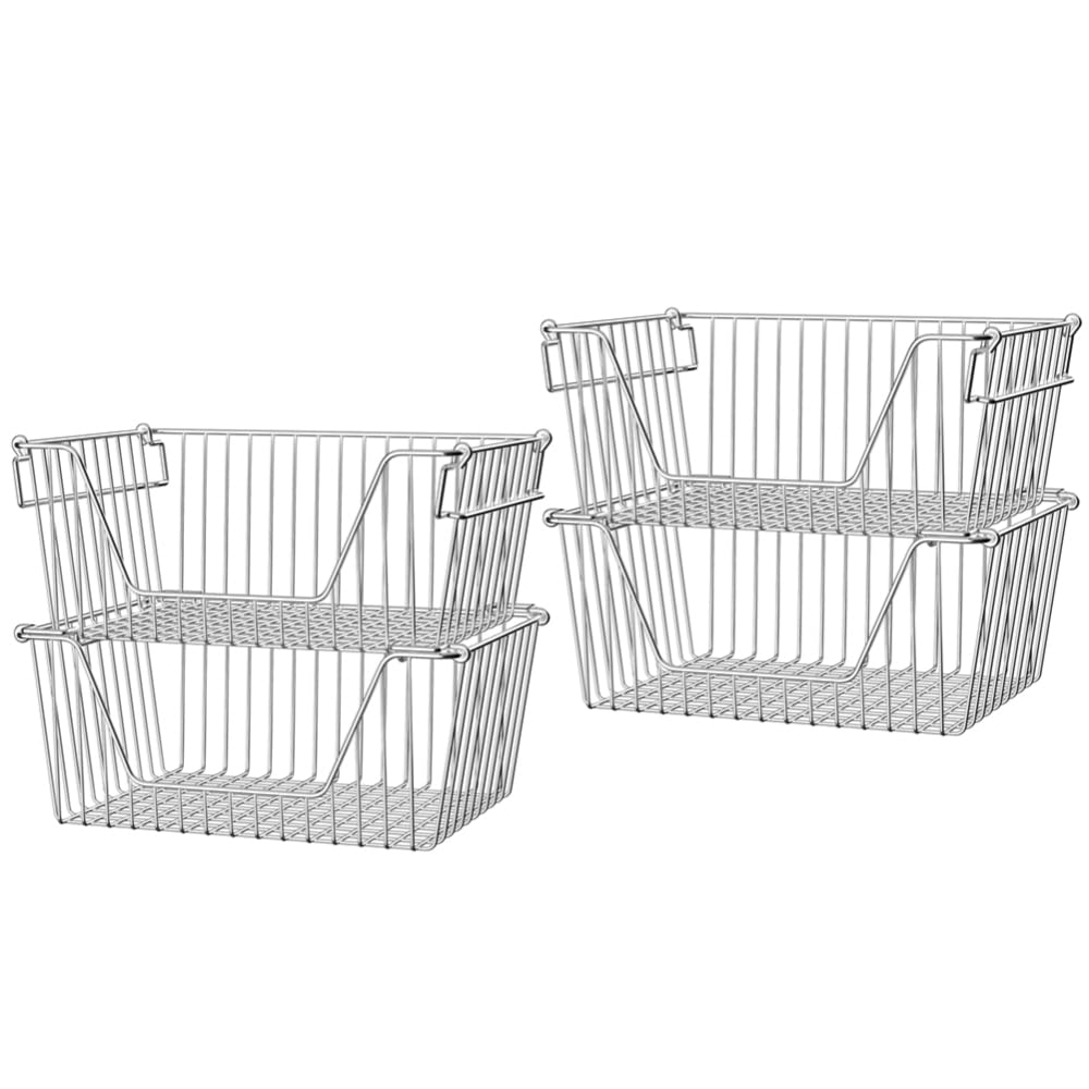Slideep Large Stackable Storage Baskets Cabinet Organizer Sturdy Metal Wire Pantry Freezer Bin for Pantry Home Bathroom Kitchen 