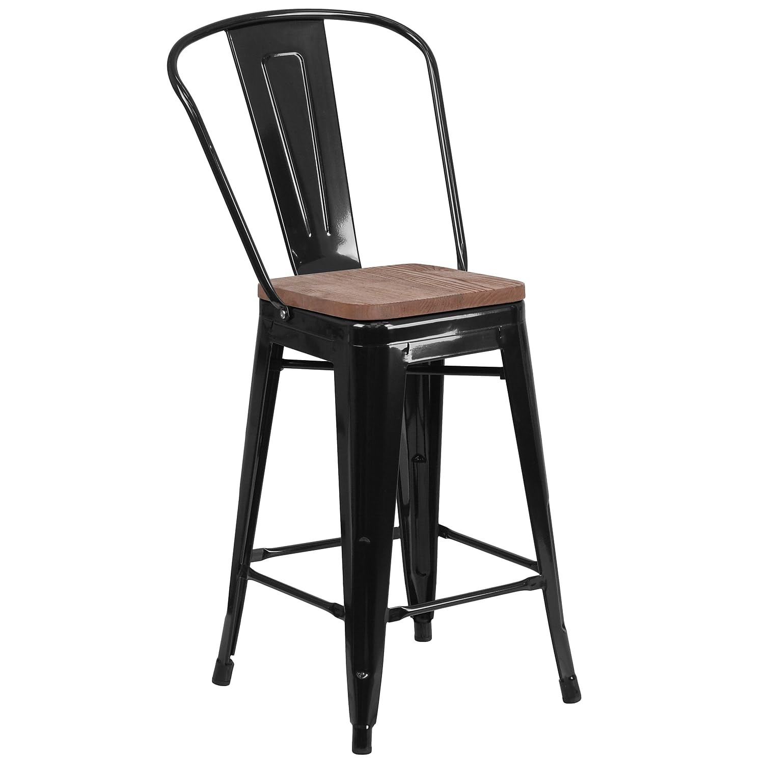 Flash Furniture Lily 24&quot; High Black Metal Counter Height Stool With Back And Wood Seat (Pack Of 1)