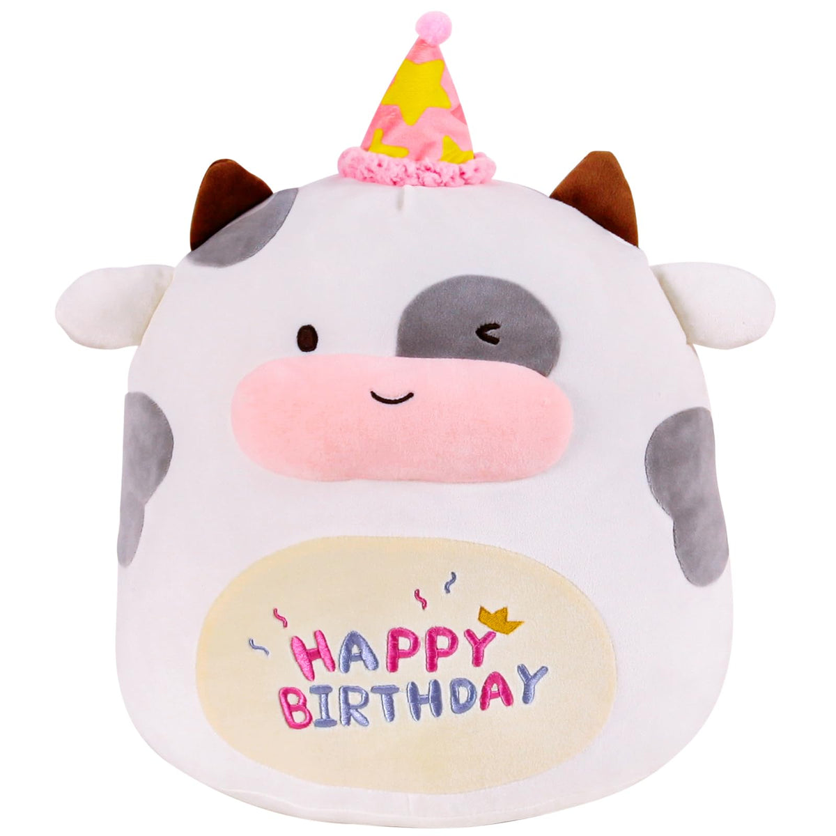 Haijunya 12 Inch Happy Birthday Cow Plush Pillow, Soft Penguin Plushies Toy, Cute Milk Cow Print Stuffed Animal Home Room Decora