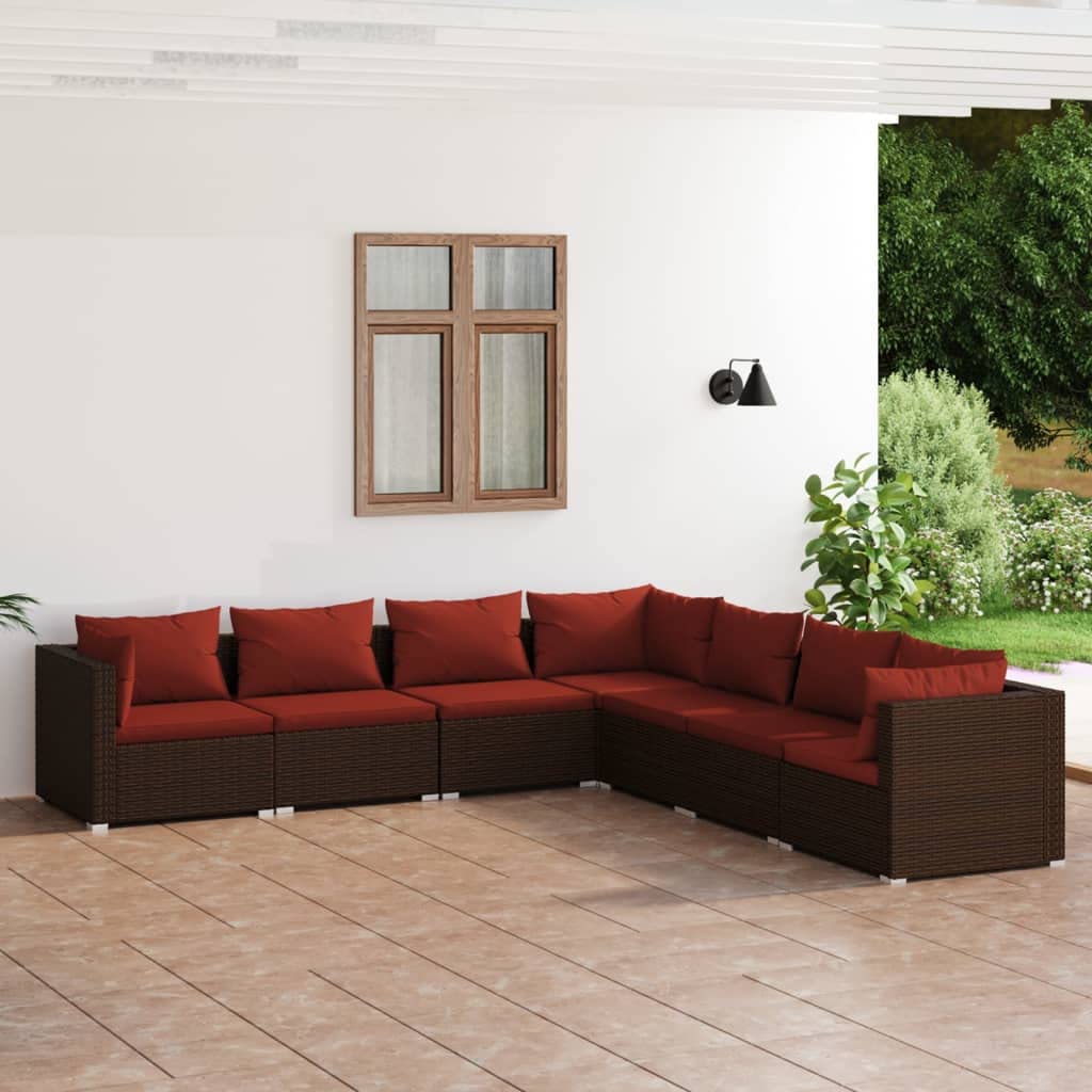 vidaXL Patio Lounge Set with Cushions, Outdoor Seating Featuring Poly Rattan Material, Brown & Cinnamon Red, Customizable Modular Design, Suitable for Garden and Patio Entertainment