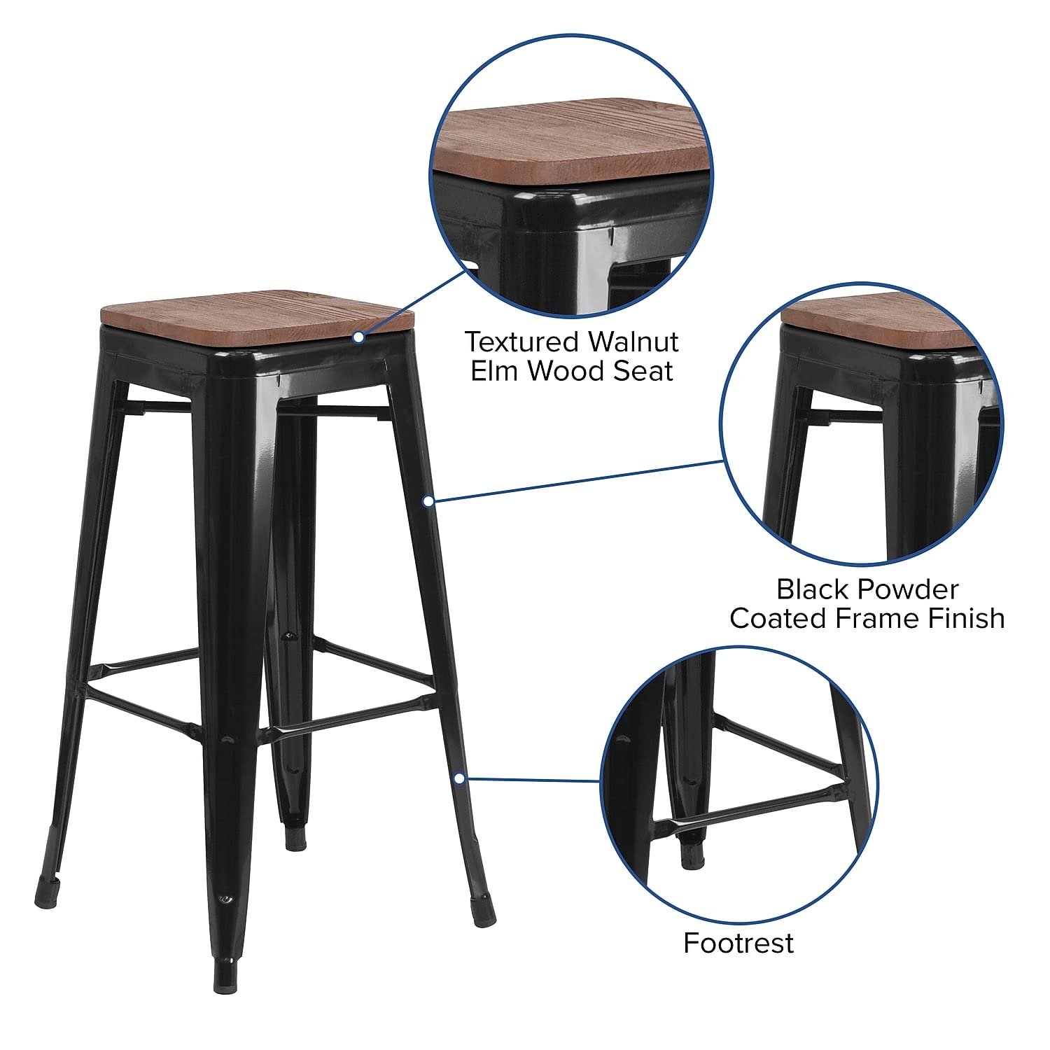 Flash Furniture Lily 30&quot; High Backless Black Metal Barstool with Square Wood Seat