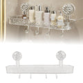 Hasthip Bathroom Toiletries Organizer Tray Wall Mounted Suction Cup Storage Rack With 4 Hooks, Slotted Open For Quick Drainage, 