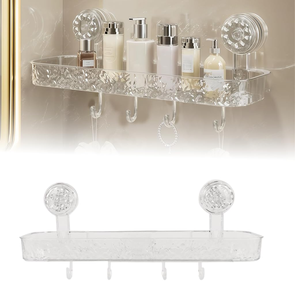 Hasthip Bathroom Toiletries Organizer Tray Wall Mounted Suction Cup Storage Rack With 4 Hooks, Slotted Open For Quick Drainage, 