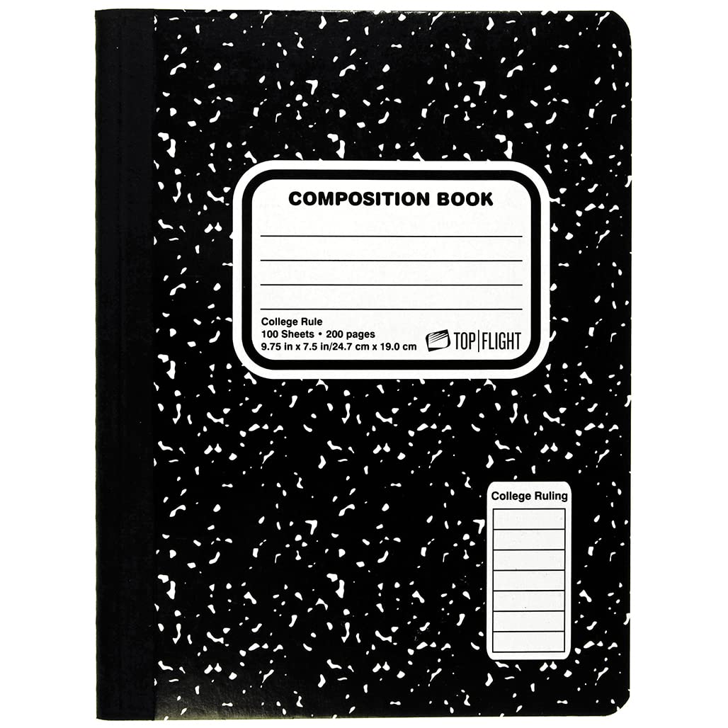 Top Flight Sewn Marble Composition Book, Black/White, College Rule, 9.75 X 7.5 Inches, 100 Sheets (41350)