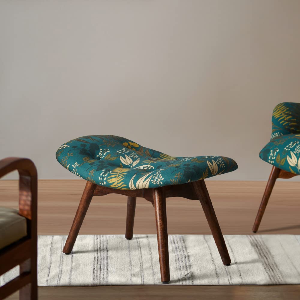 Chumbak Mid Century Modern Foot Rest  Ferns (1 Seater Footrest, Sheesham Wood, Green)