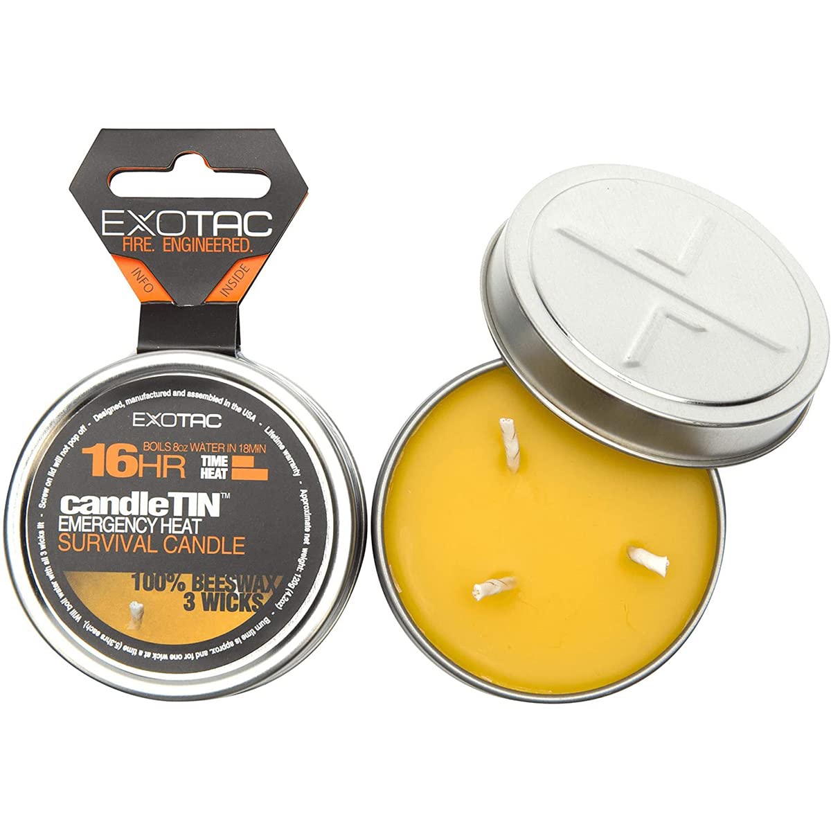 Exotac candleTIN Emergency Beeswax Hot Burn Candle, Large