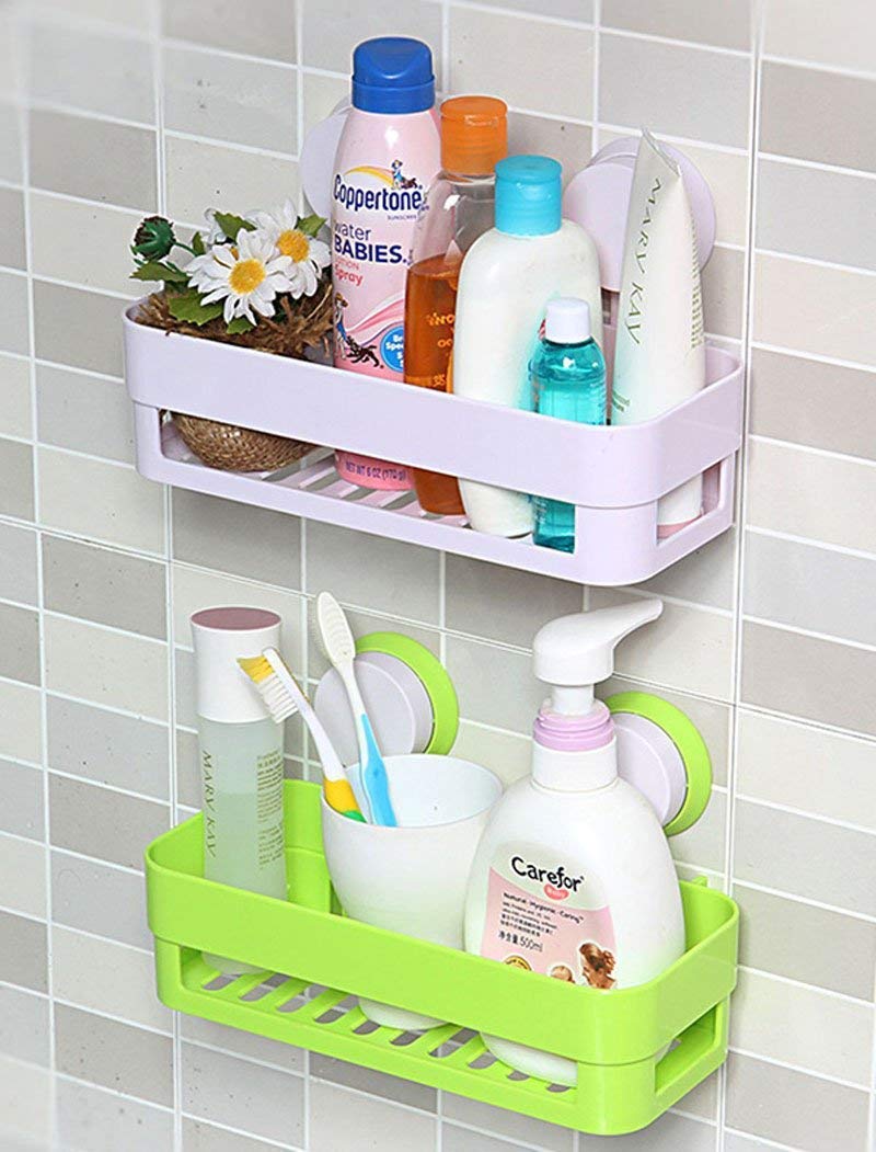 SPJ ENTERPRISE?2 Pieces Plastic Vacuum Suction Bathroom Cup Bathroom Kitchen No Drill Storage Rack Removable Reusable Storage Ra