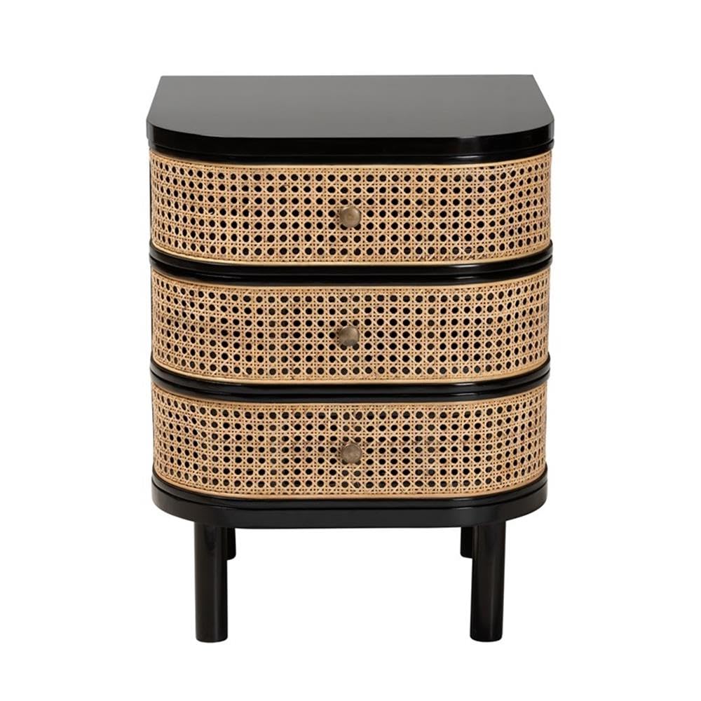 Baxton Studio Nabila Modern Bohemian Black Bayur Wood and Natural Rattan 3-Drawer End Table Nightstand Black/bayur Wood
