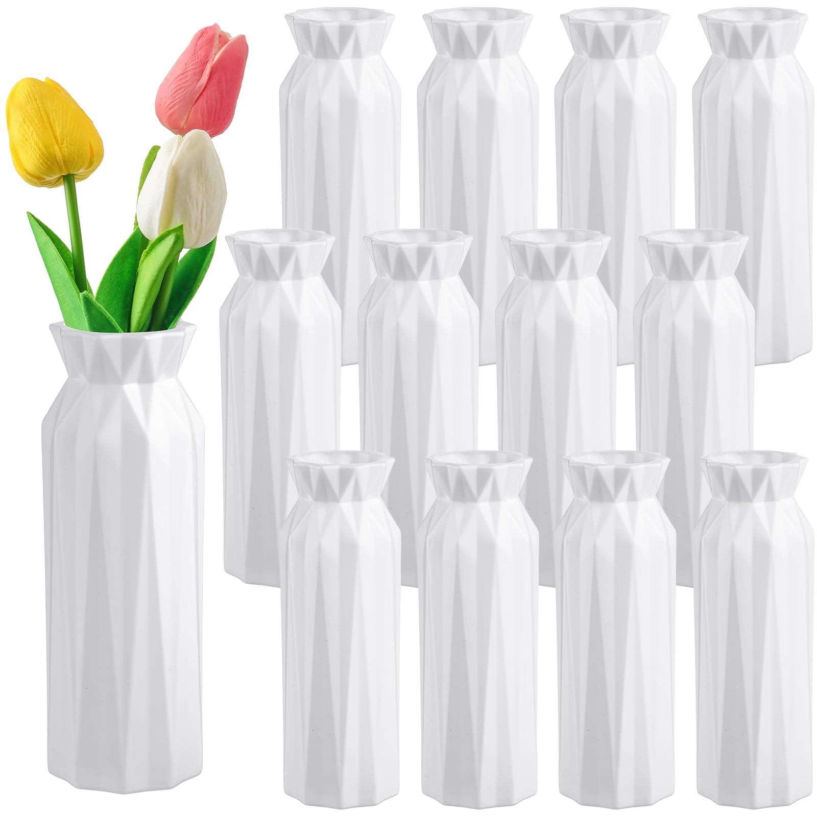 Hoolerry 12 Pcs White Plastic Flower Vases Bulk for Centerpieces White Bud Vase for Flowers Ceramic Look Flower Vase Decorative 