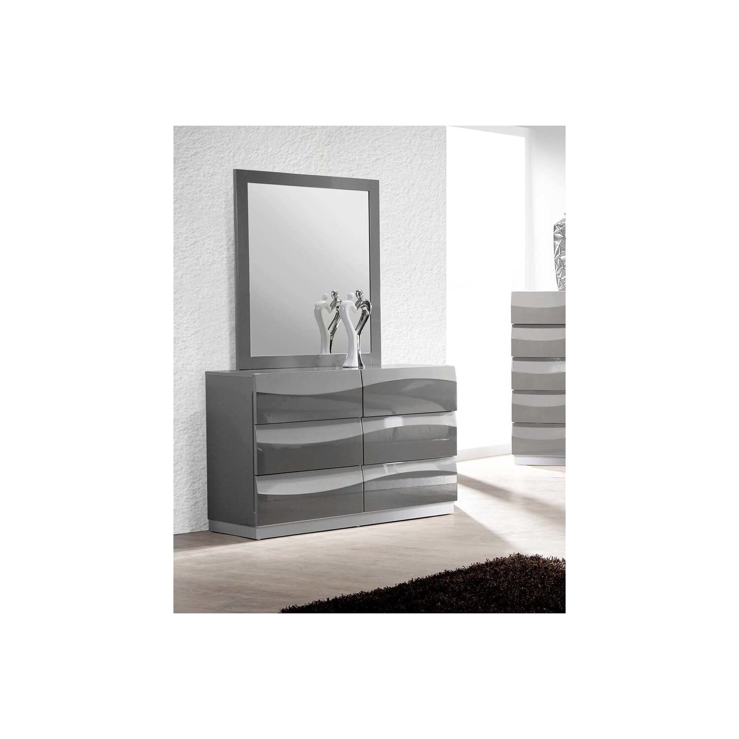 Best Master Leon 2-Piece Poplar Wood Dresser And Mirror Set In Gray High Gloss