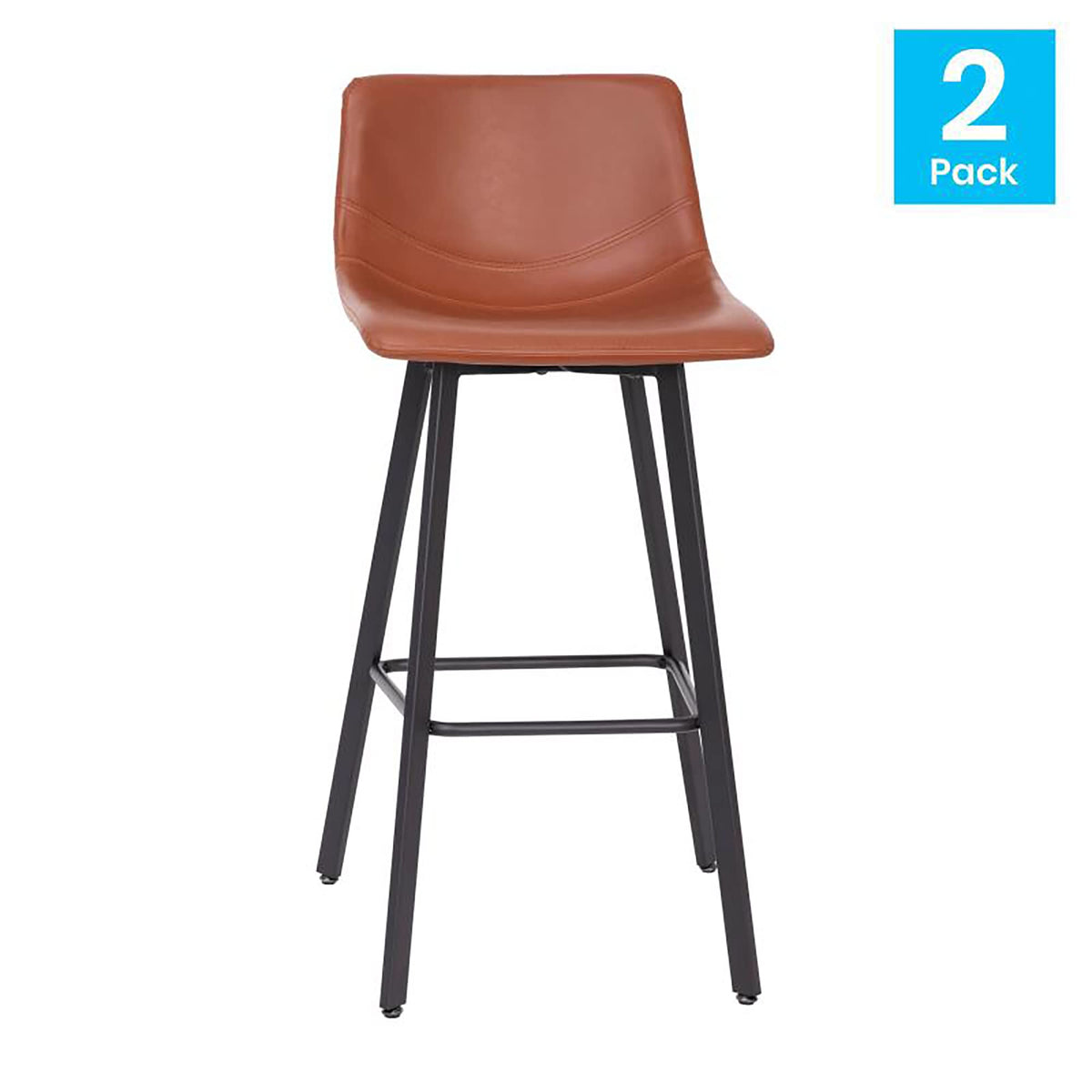 Flash Furniture Caleb Modern Commercial Barstools with Footrests - Cognac LeatherSoft -30 Inch - Black Matte Iron Frame - Armless - Set of 2