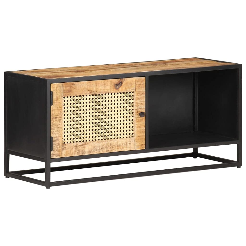 vidaXL TV Stand - Rustic Rough Mango Wood and Natural Cane Construction, Unique Hand-Woven Cane Pattern Door, Ample Storage Room, Iron Frame Support, Easy Assembly - 35.4&quot;x11.8&quot;x15.7&quot; Dimensions