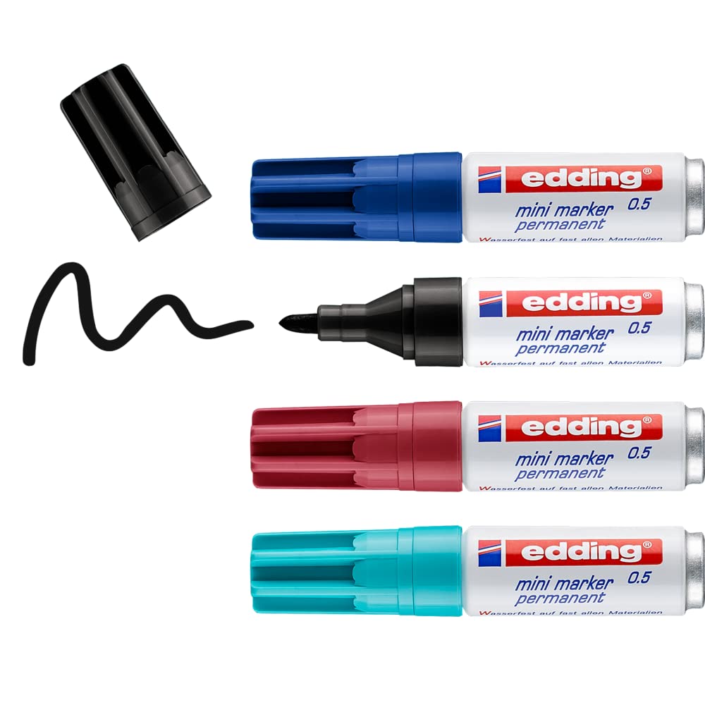 Edding 0.5 Mini Permanent Marker - Black, Blue, Turquoise, Red - 4 Pens - Fine Round Nib 1 Mm - Waterproof, Quick-Drying - Smudg