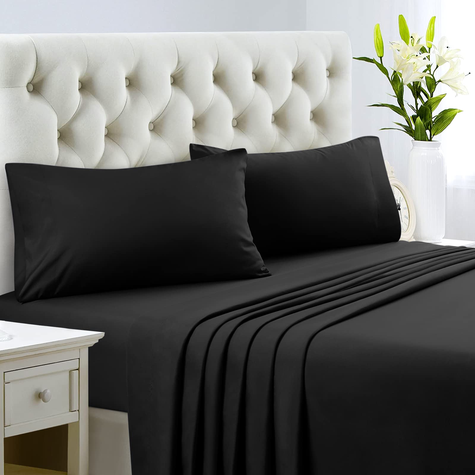 Homeideas Queen Size Bed Sheets - 4 Piece Set (Black) - Extra Soft Brushed Microfiber 1800 Bedding Sheets, Deep Pocket, Wrinkle & Fade Free