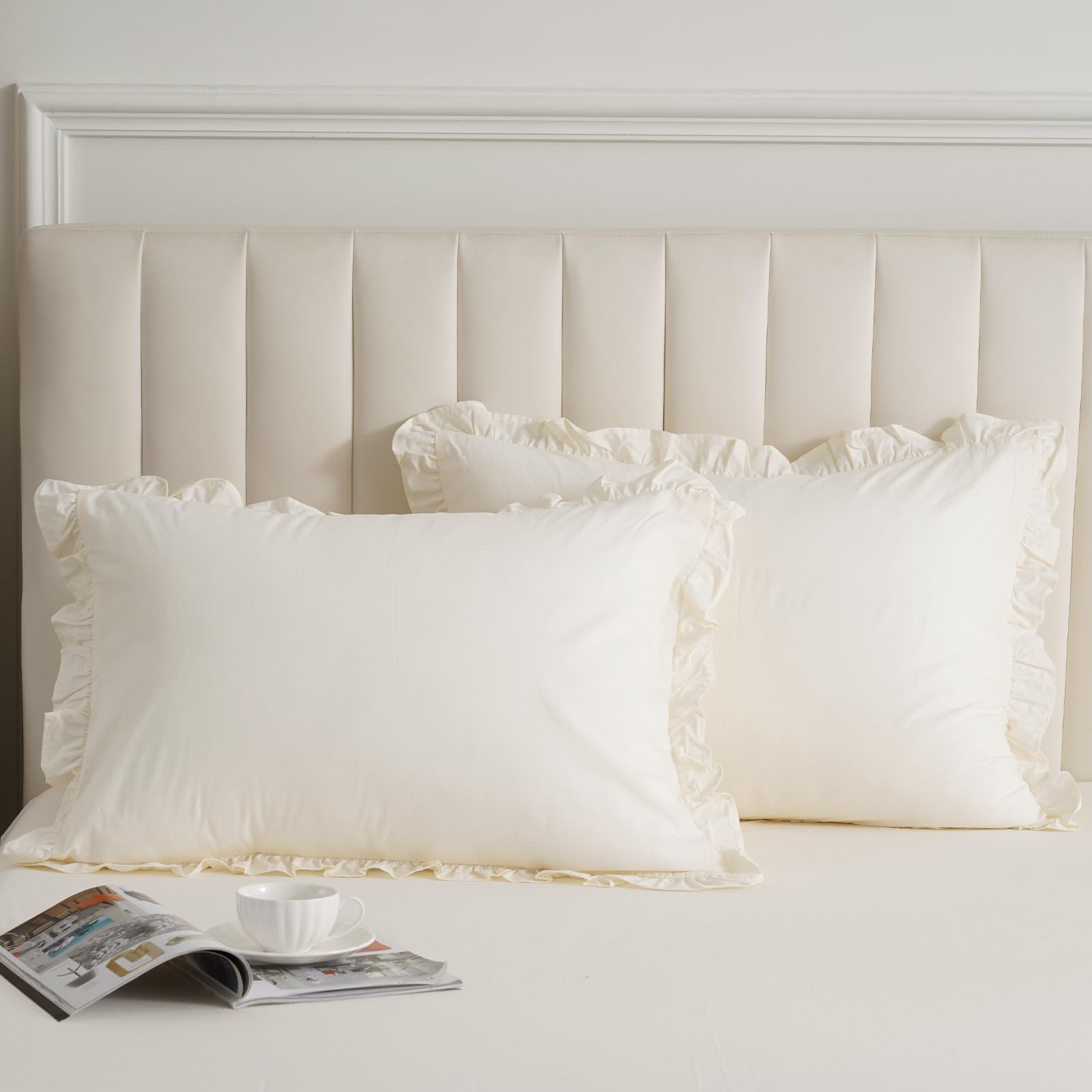 PHF 100% Washed Cotton Ruffle Pillowcases Standard Size, 2 Pack 20'' X 26'' Pillow Shams, No Insert, Ultra Soft Cotton Pillow Ca