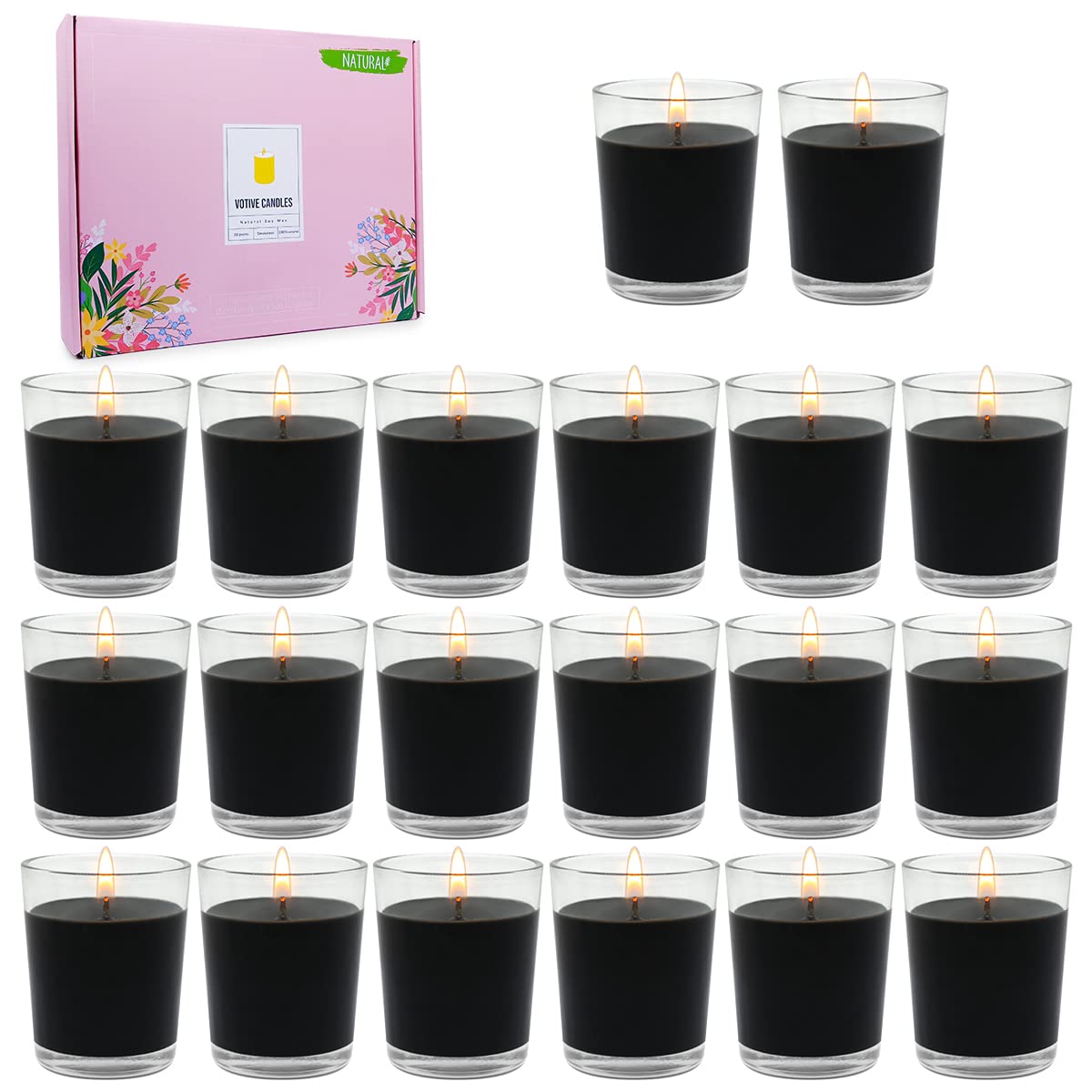 20 Packs Black Votive Candles in Glass, Unscented Small 2 Inch Soy Wax Halloween Candles for Wedding Party Home Holidays Relaxat