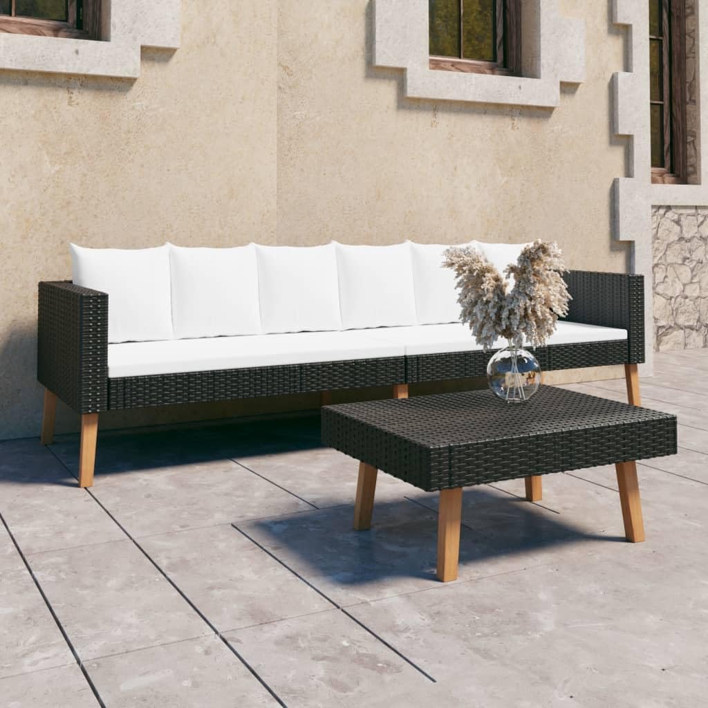vidaXL Patio Furniture Set 2 Piece, Sectional Sofa for Outdoor Garden, Couch with Cushions, Coffee Table, Scandinavian Style, Poly Rattan Black