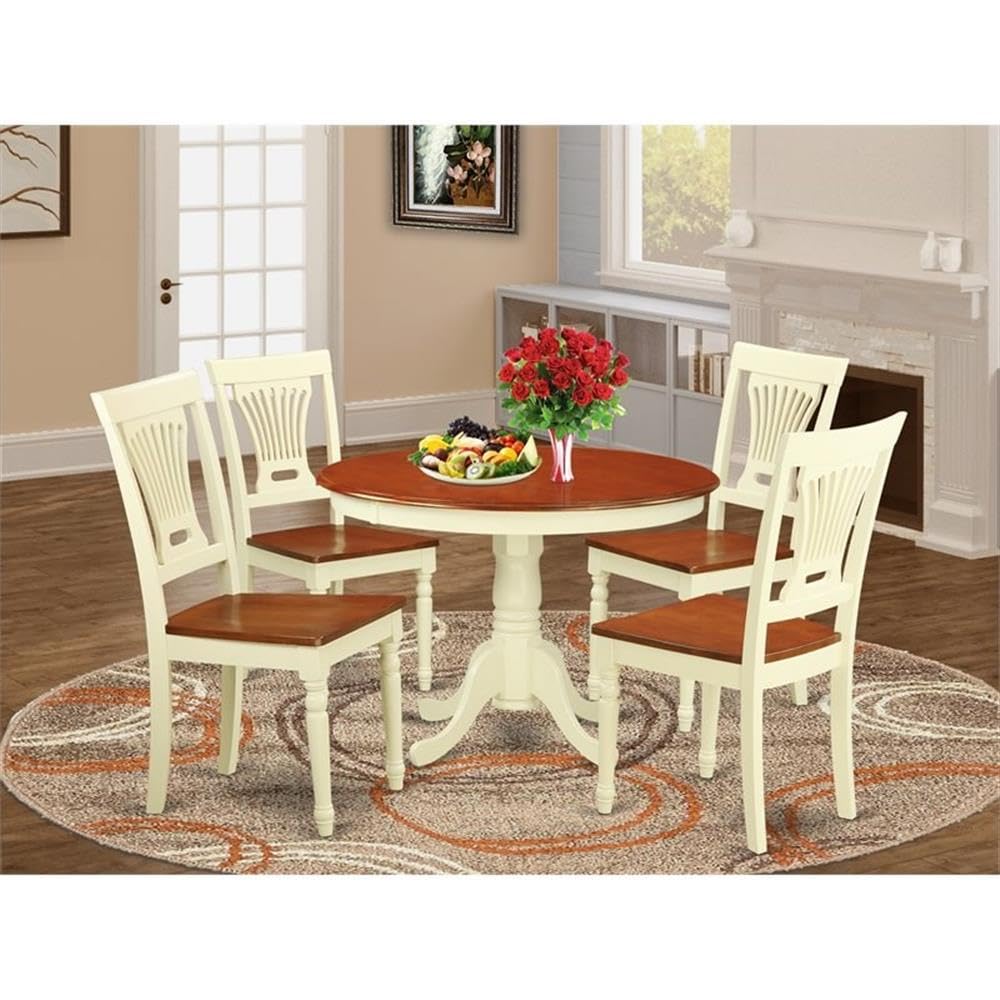 East West Furniture HLPL5-BMK-W 5 Piece Dining Room Furniture Set Includes a Round Kitchen Table with Pedestal and 4 Dining Chairs, 42x42 Inch, Buttermilk & Cherry