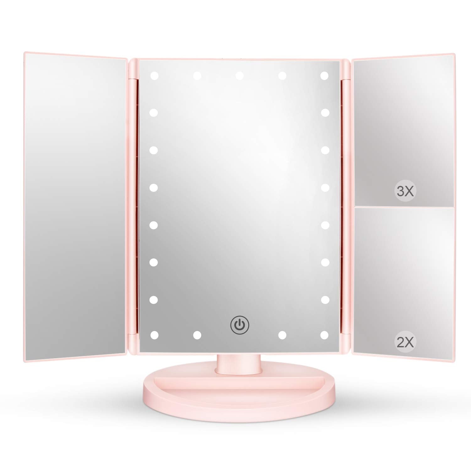 deweisn Tabletop Mount Tri-Fold Lighted Vanity Mirror with 21 LED Lights, Touch Screen and 3X/2X/1X Magnification, Two Power Sup