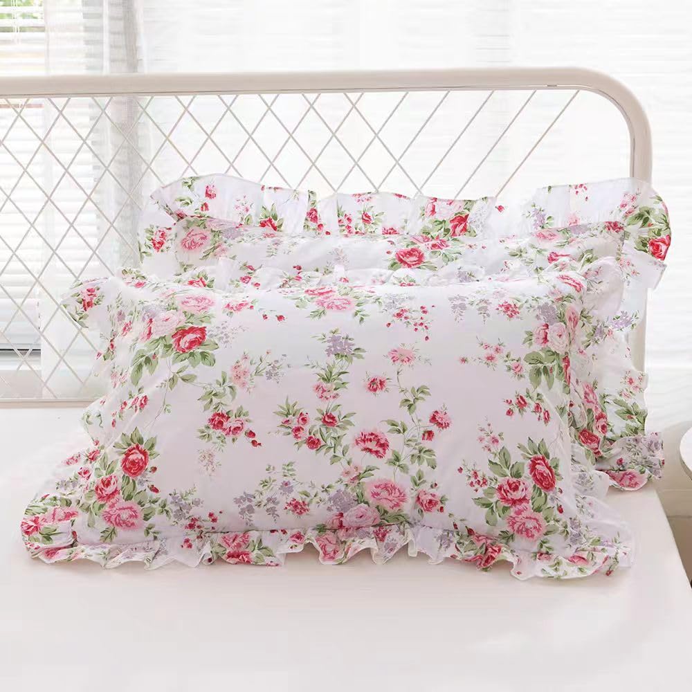 Meaning4 Rose Floral Print Pillow Shams With Ruffles Shabby Chic Queen Size Pillowcases19 X 29' 2-Pack Country Vintage Style
