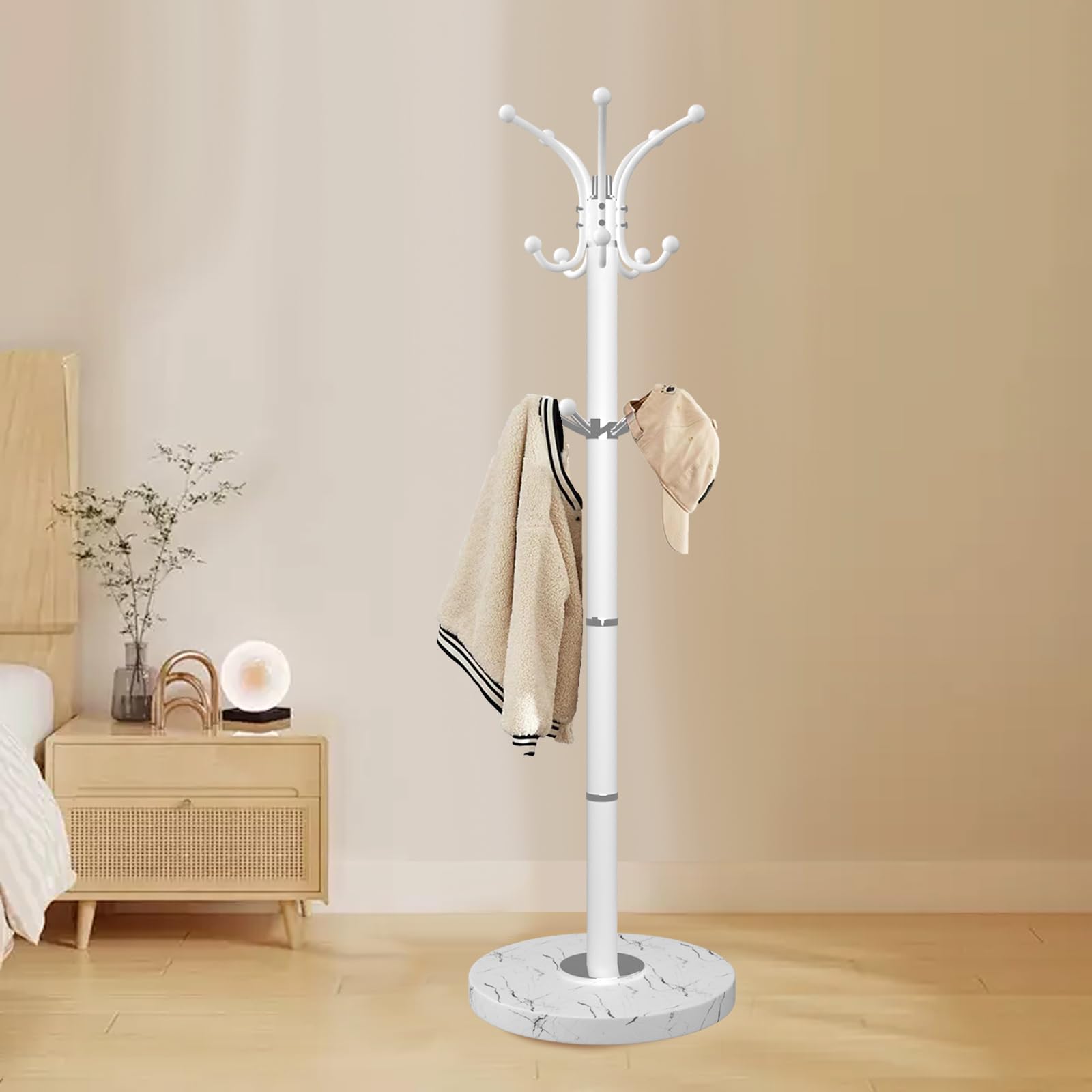 Snaikor Metal Coat Rack Stand with Natural Marble Base, Modern Coat Rack Freestanding, 360Rotary Coat Racks with 14 Hooks, Heavy