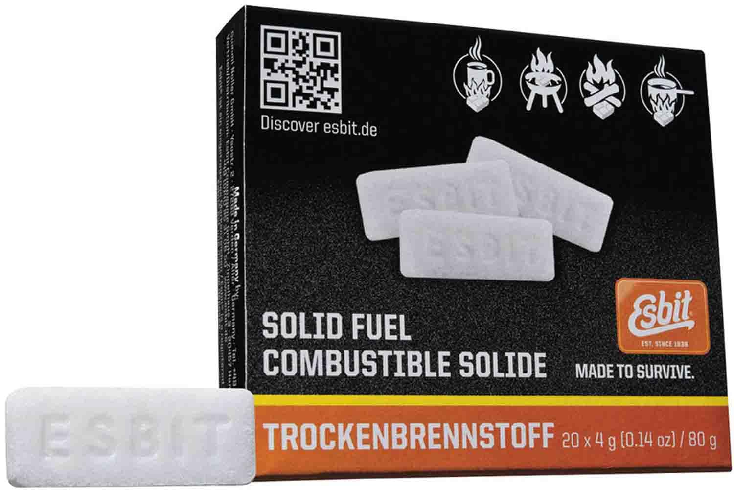 Esbit 4g Solid Fuel Tablets for Backpacking & Camping Stoves & Grills, 1300-Degree Smokeless Emergency Fire Starter Squares, 20 