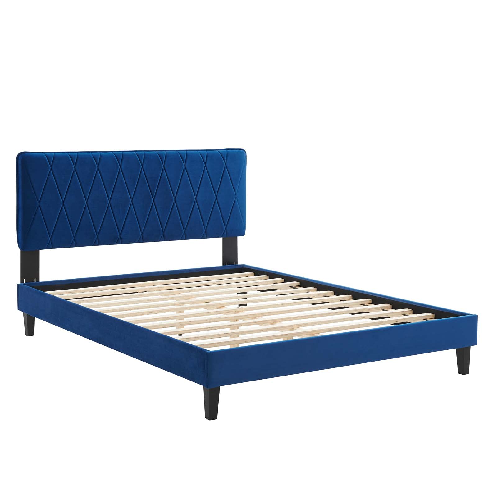 Modway Phillipa Performance Velvet King Platform Bed in Navy with Black Wood Legs