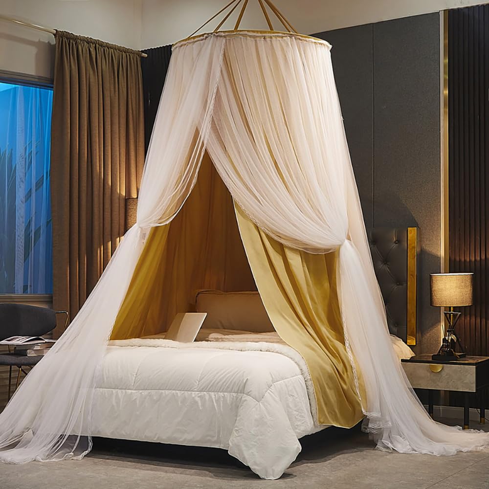 Vilemoon Bed Canopy for Girls & Adults, Round Dome Lace Princess Canopies Netting, Elegant Double Layer Bed Canopy Drapes for De