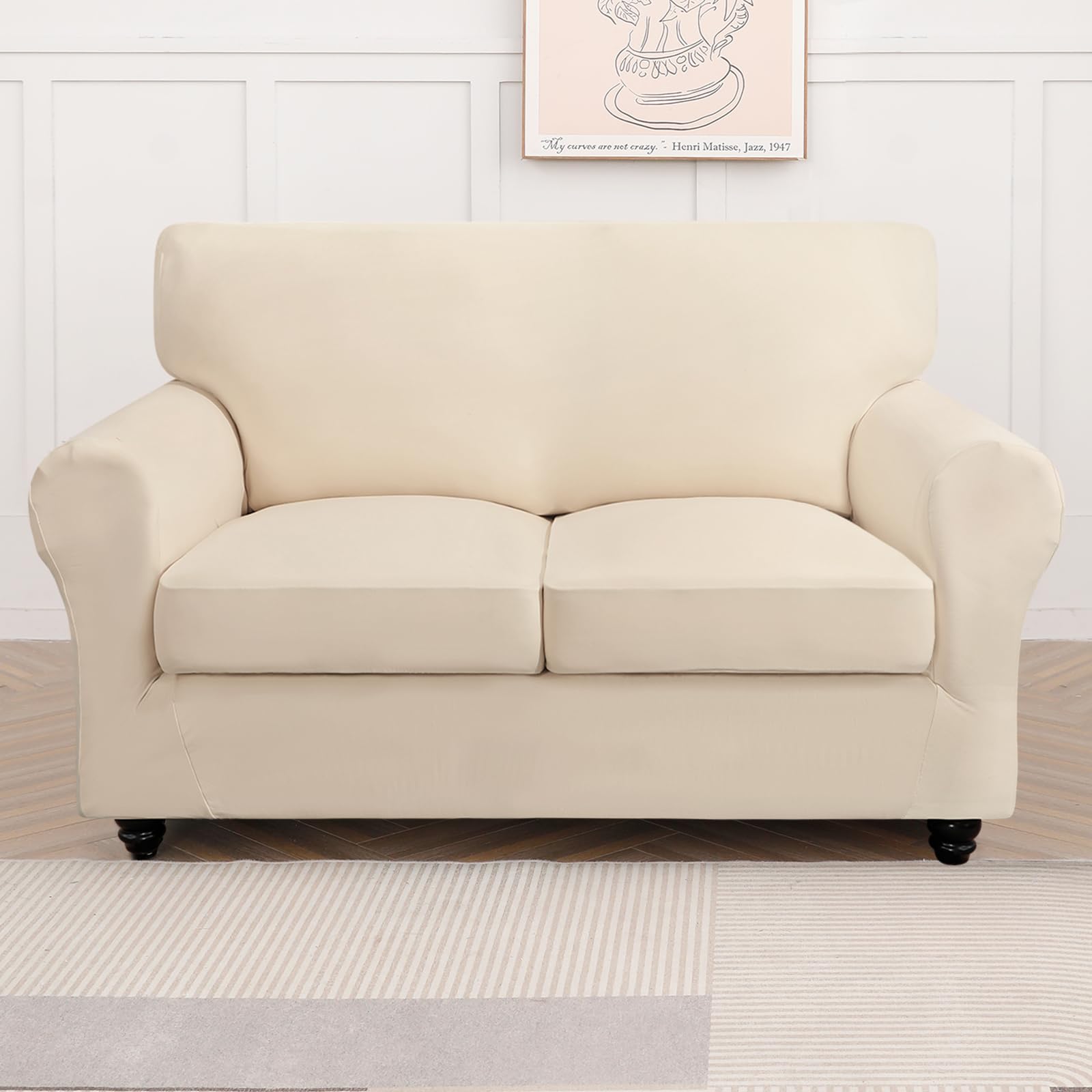 Searchi Stretch Sofa Cover Couch Cover, 3 Pieces Loveseat Slipcover With 2 Separate Cushion Cover, Washable Furniture Protector For Living Room(Loveseat, Silver Beige)