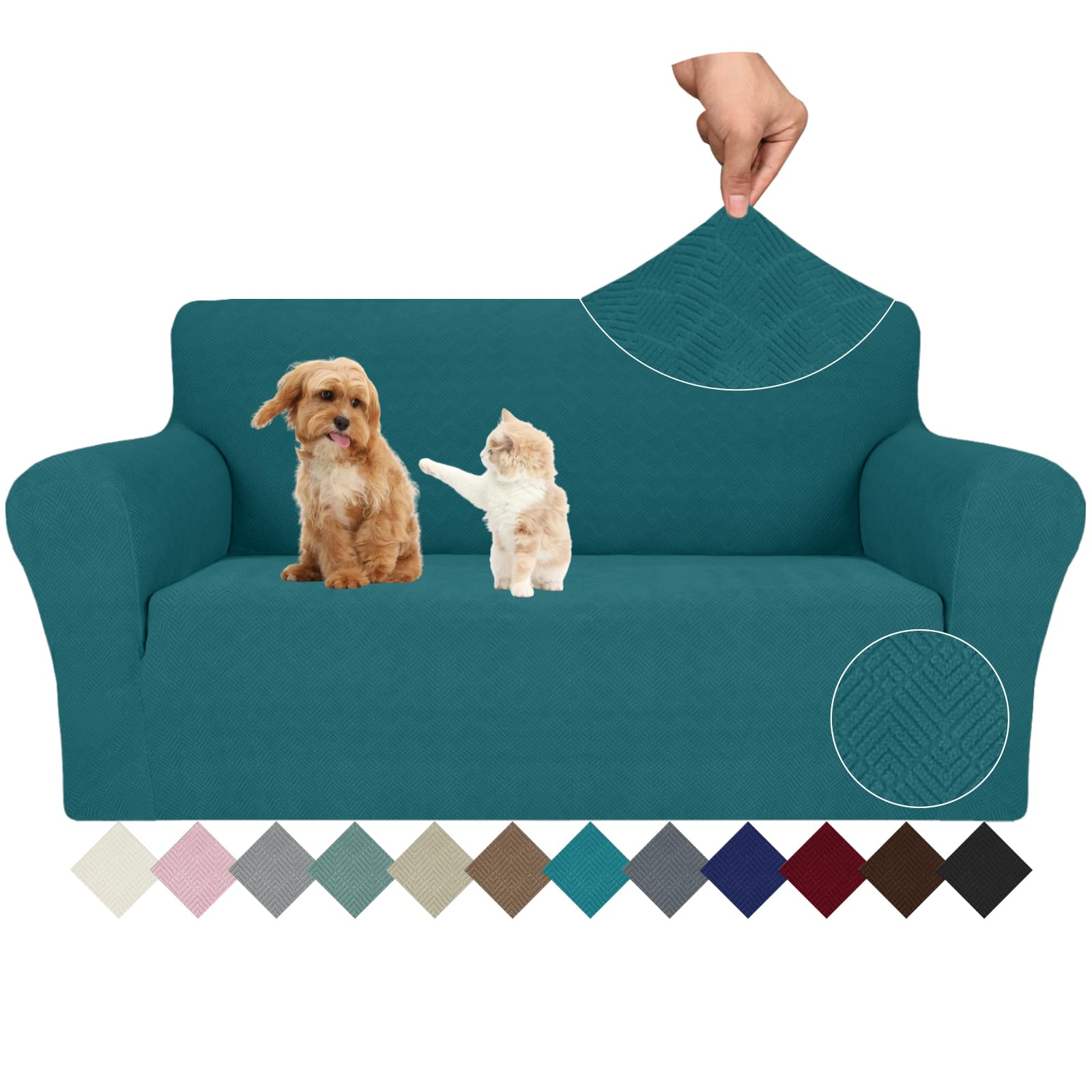 Jiviner Stretch Loveseat Slipcovers 1 Piece Love Seat Sofa Cover Spandex 2 Seater Couch Covers Universal Furniture Protector With Elastic Bottom (Medium, Teal Rhomb)
