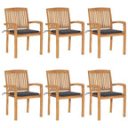 vidaXL 6X Solid Teak Wood Stacking Patio Chairs with Cushions Wooden Garden Dining Chairs Stackable Backyard Chairs Balcony Armchairs