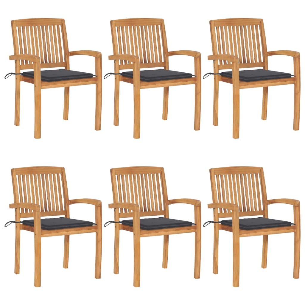 vidaXL 6X Solid Teak Wood Stacking Patio Chairs with Cushions Wooden Garden Dining Chairs Stackable Backyard Chairs Balcony Armchairs