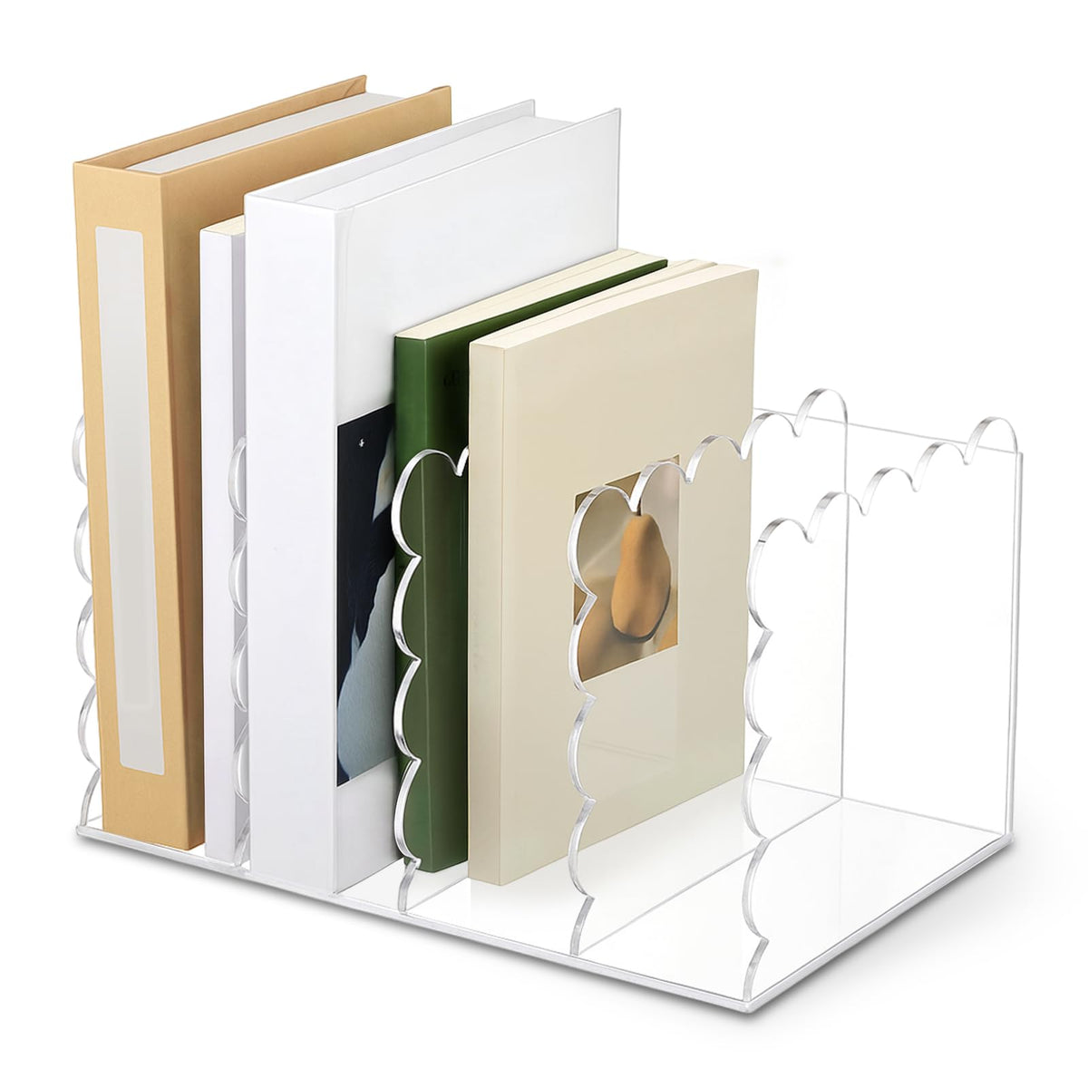 AmazingSpark 1 Pcs Scalloped Acrylic Book Holder for Desk, 4 Compartments