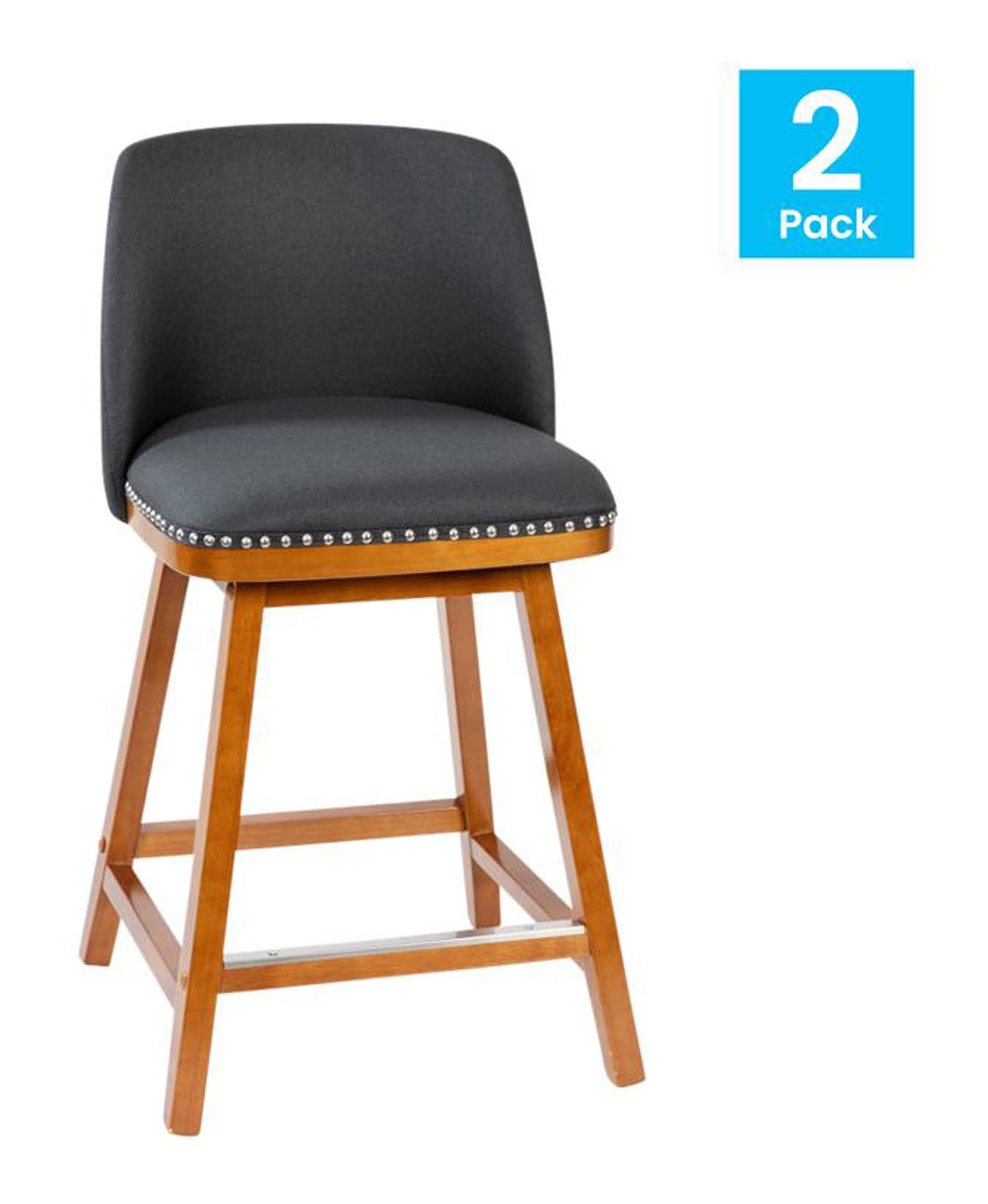 Flash Furniture Julia Set of 2 Transitional Counter Stools - Charcoal Faux Linen Upholstery - Silver Nailhead Trim - 24 Inch - Walnut Finish Wood Frames