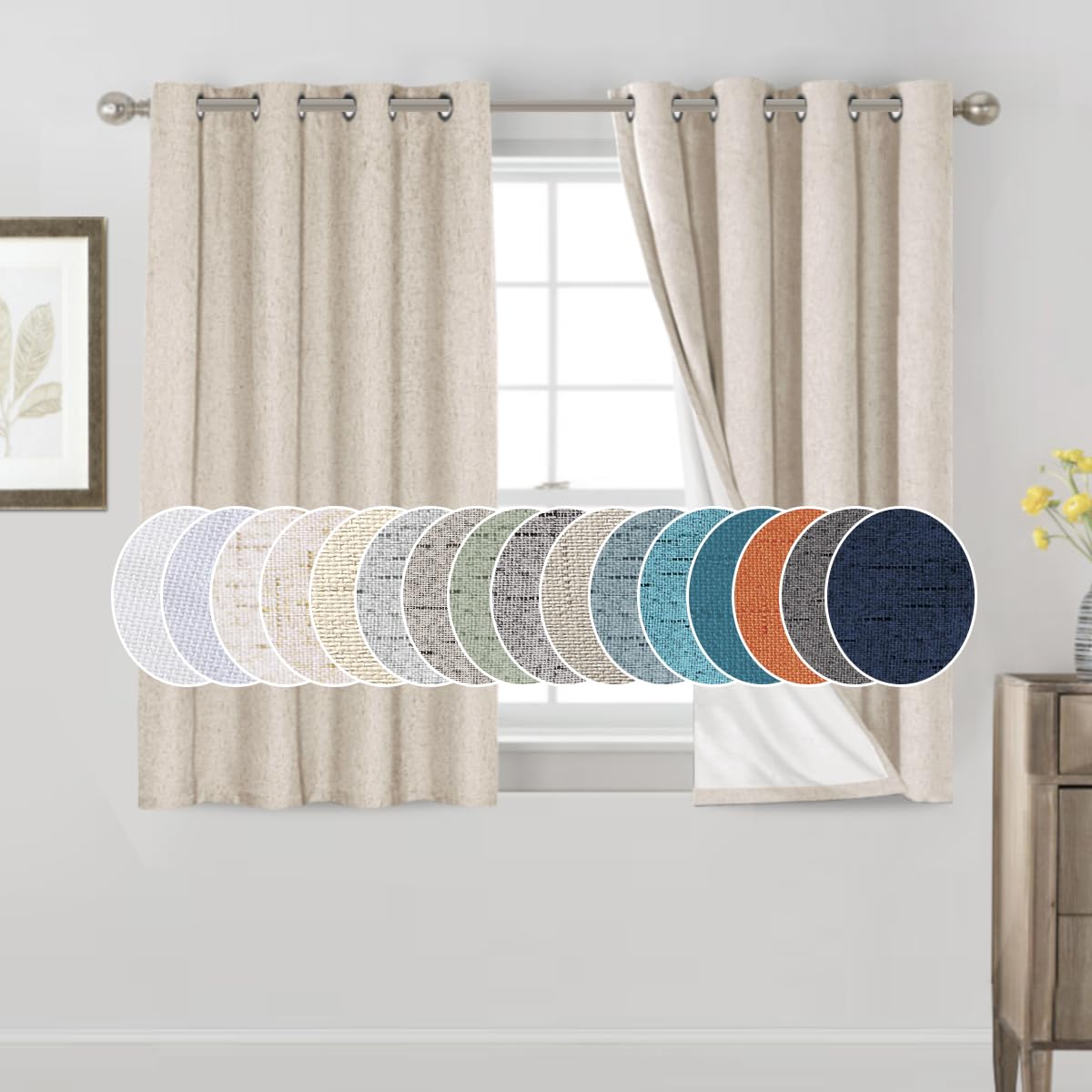 Princedeco Blackout Curtains For Bedroom 100% Linen Blackout Curtains For Bedroom 54 Inches Long Grommet Thermal Insulated Textured Blackout Curtains 2 Panels Set,52' W X 54' L,Natural