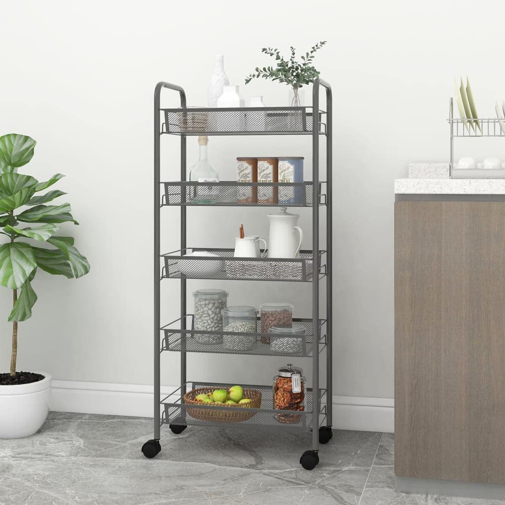 vidaXL 5-Tier Iron Kitchen Trolley in Gray - Versatile Mobile Storage Cart with Removable Mesh Baskets