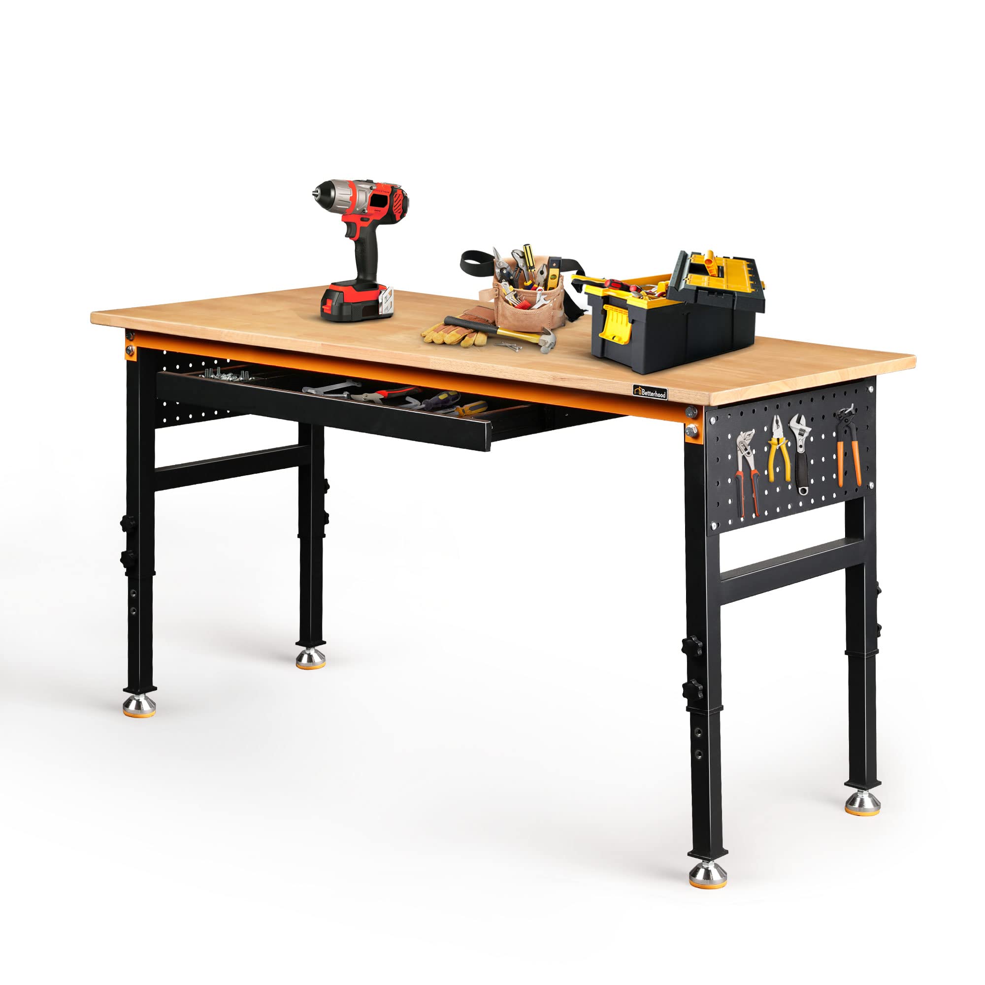 Betterhood 60 Heavy-Duty Adjustable Workbench for Garage, Rubber Wood Shop Table W/Double Pegboards & Drawer,Hardwood Workstatio
