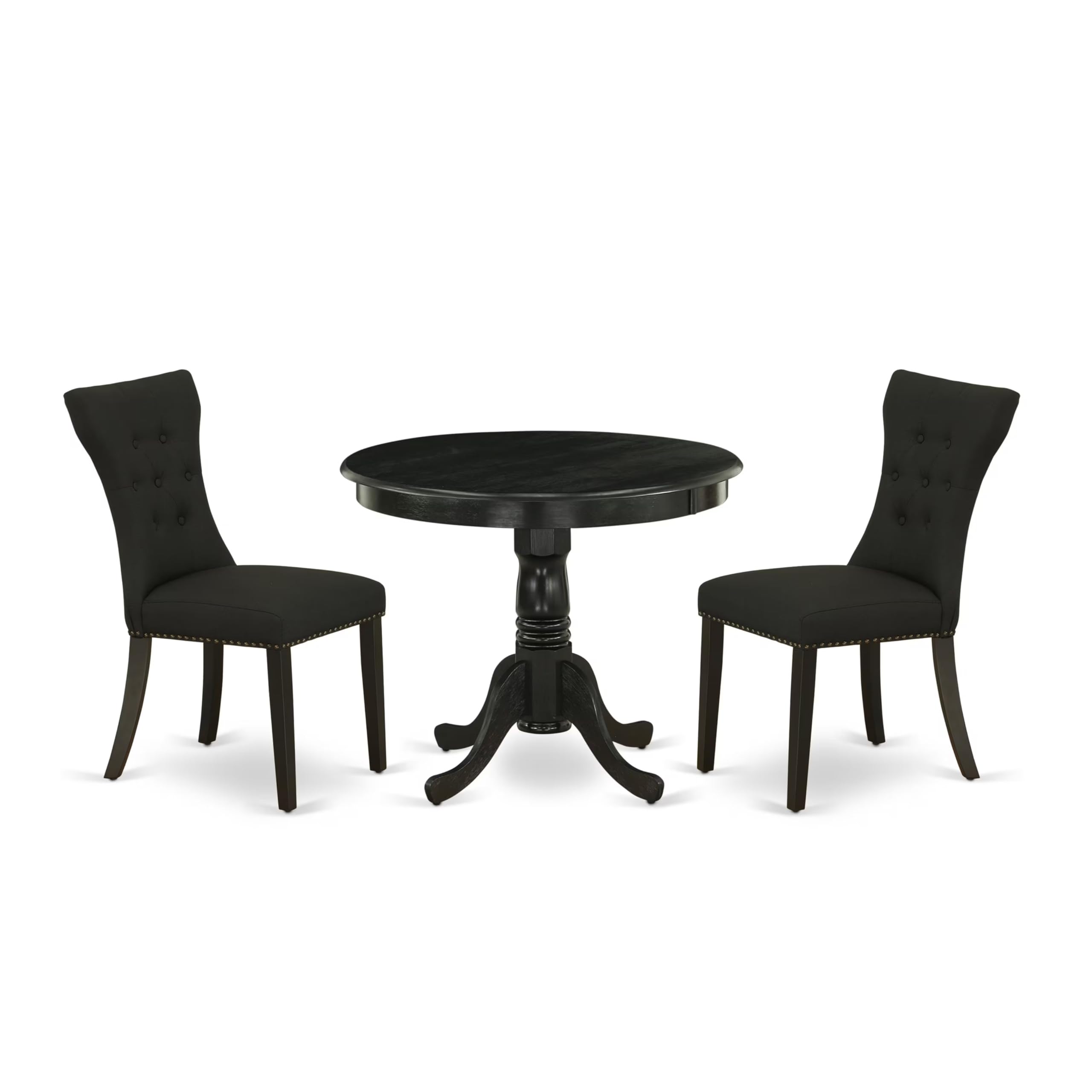 East West Furniture Anga3-Abk-24 3 Piece Dinette Set For Small Spaces Contains A Round Kitchen Table With Pedestal And 2 Black Linen Fabric Parson Dining Chairs, 36X36 Inch, Wirebrushed Black