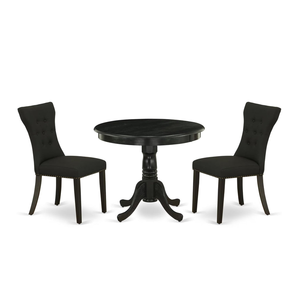 East West Furniture Anga3-Abk-24 3 Piece Dinette Set For Small Spaces Contains A Round Kitchen Table With Pedestal And 2 Black Linen Fabric Parson Dining Chairs, 36X36 Inch, Wirebrushed Black