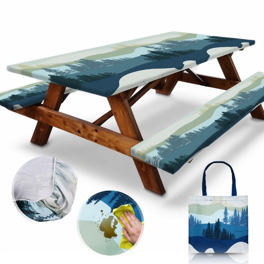 Rnoony 6Ft Polyester Picnic Table Cover With Bench Covers And Carrying Bag, Elastic All Around,Windproof And Waterproof Picnic T