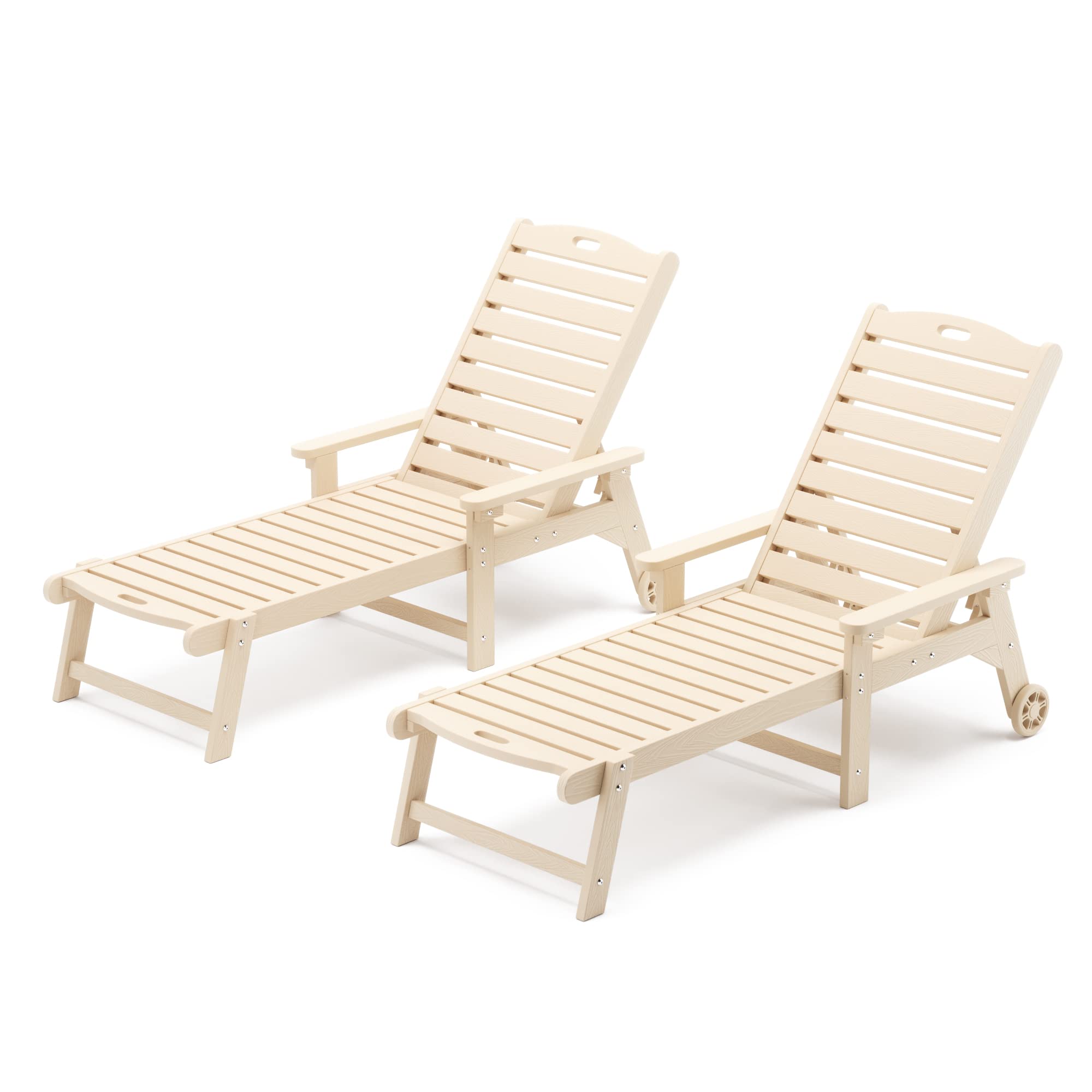 Lue Bona Outdoor Chaise Lounge Chairs Set Of 2, 79'' Oversized Hdps Chaise Lounger, 5 Positions Adjustable Lounge Chairs, Pool Lounge Chair With Wheels For Poolside, Backyard, 3 Year Warranty, Sand