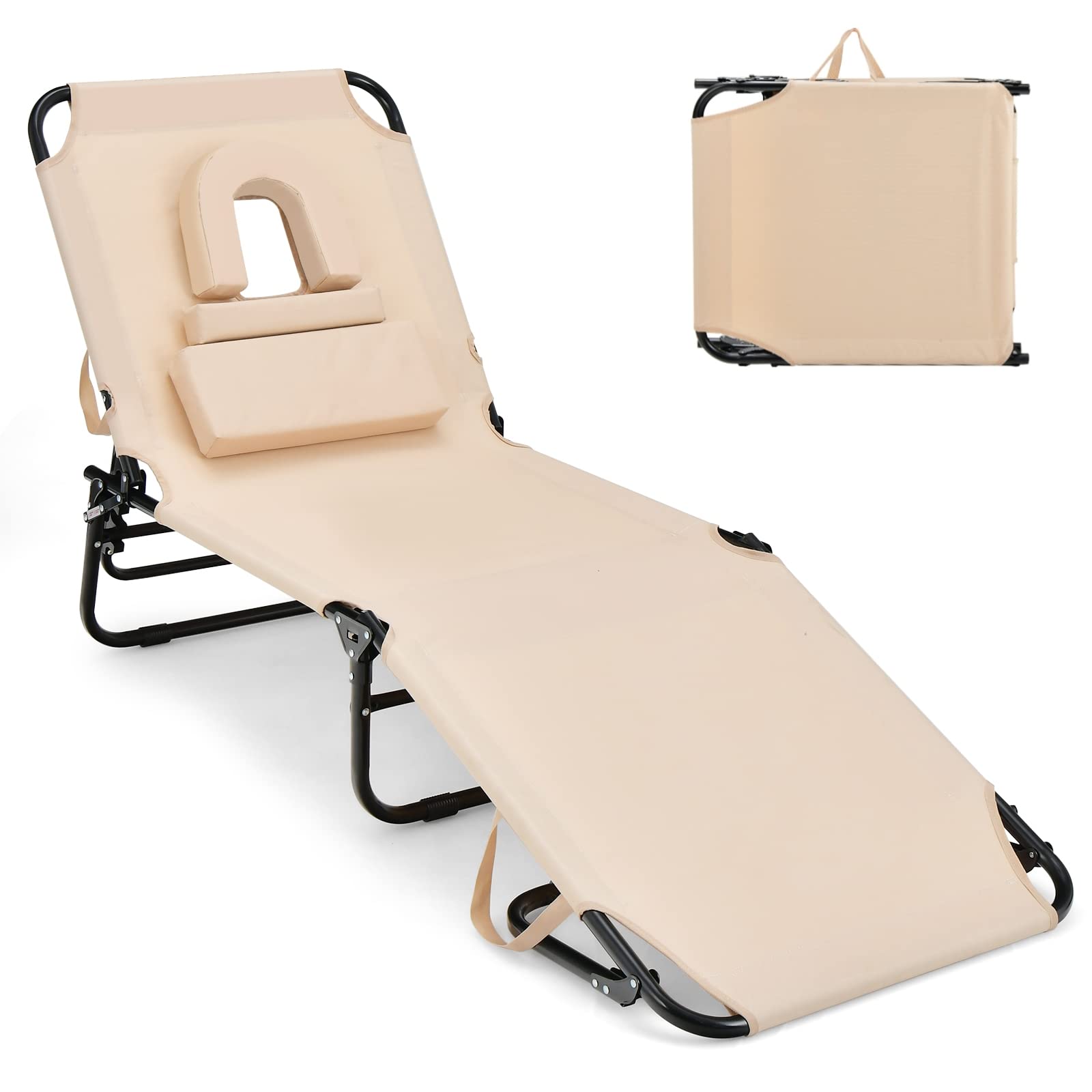 Gymax Tanning Chair, 350Lbs Beach Lounge Chair With Face Hole, Washable Pillow & Carry Strap, Adjustable Folding Chaise Lounge, Layout Chair For Outside, Patio, Poolside, Lawn (1, Beige)