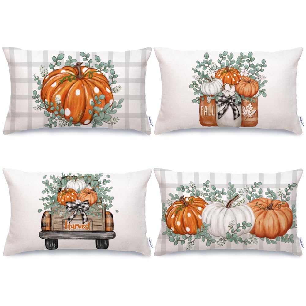 Geeory Fall Pumpkins Throw Pillow Covers 12X20 Inch Set Of 4, Eucalyptus Truck Mason Jars Autumn Decorative Seasonal Farmhouse D
