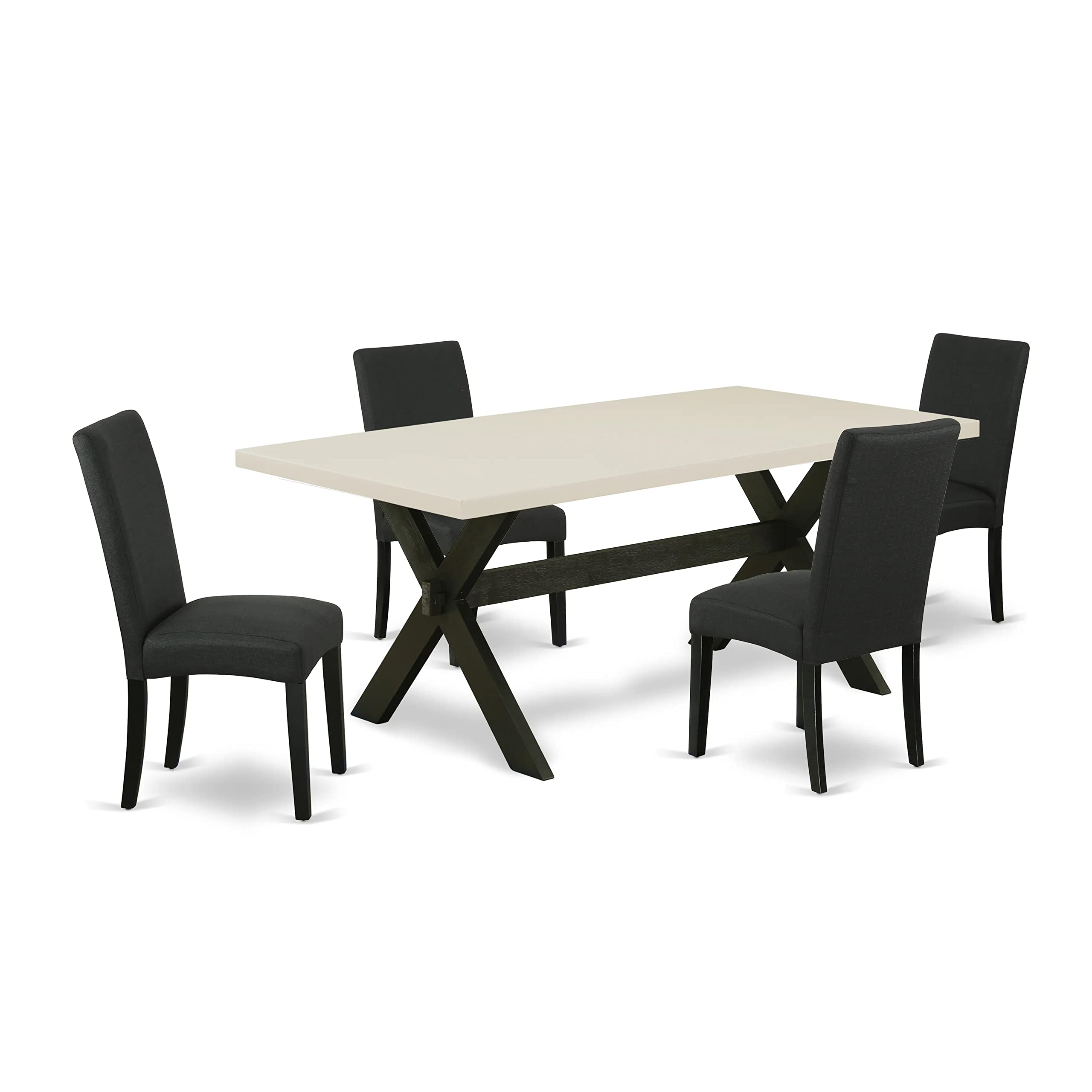 East West Furniture X-Style 5 Piece Set Includes A Rectangle Dining Room Table With X-Legs And 4 Black Color Linen Fabric Upholstered Parson Chairs, 40X72 Inch, X627Dr124-5